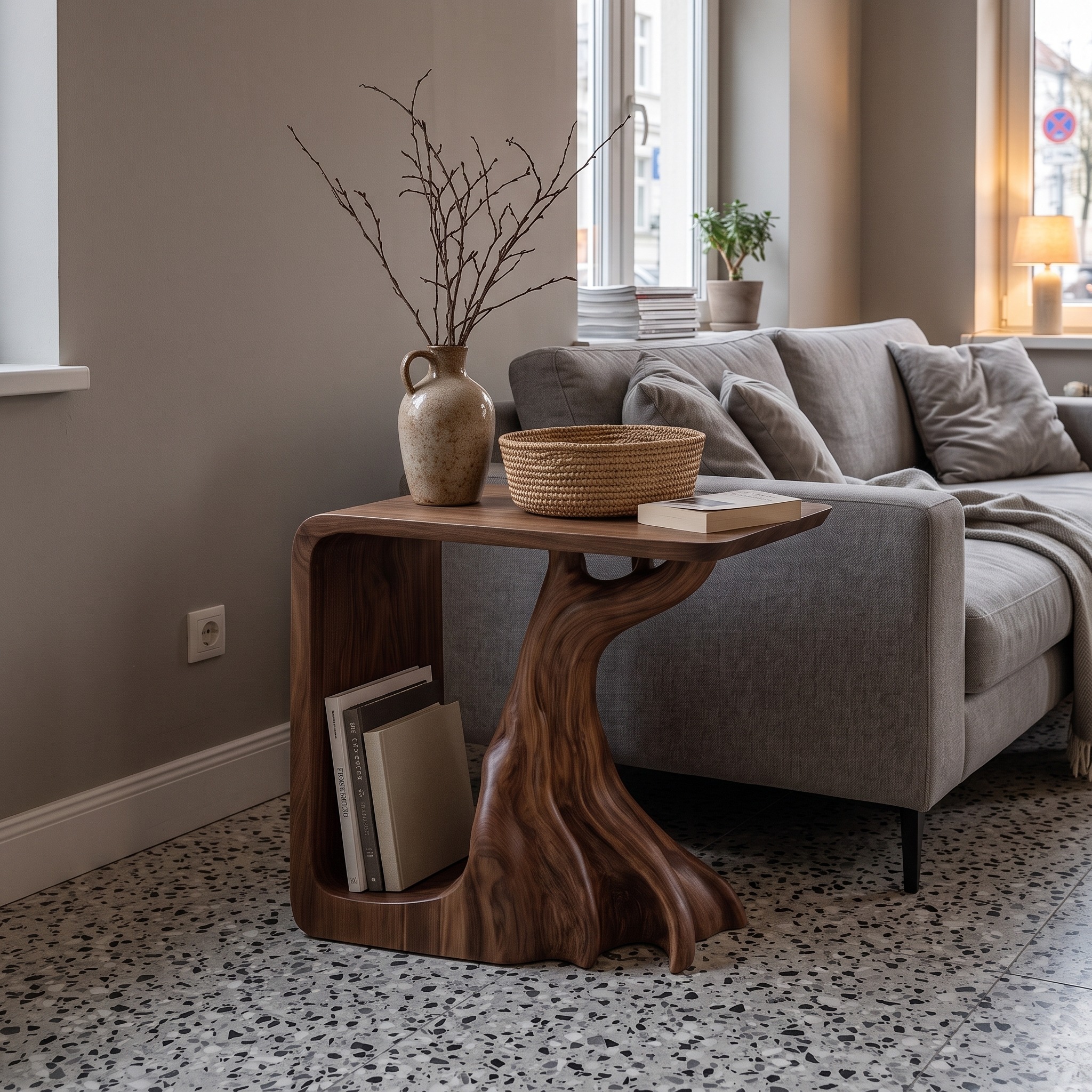 Rustic Sculptural Bedside Table with Root Inspired Base for Living Room