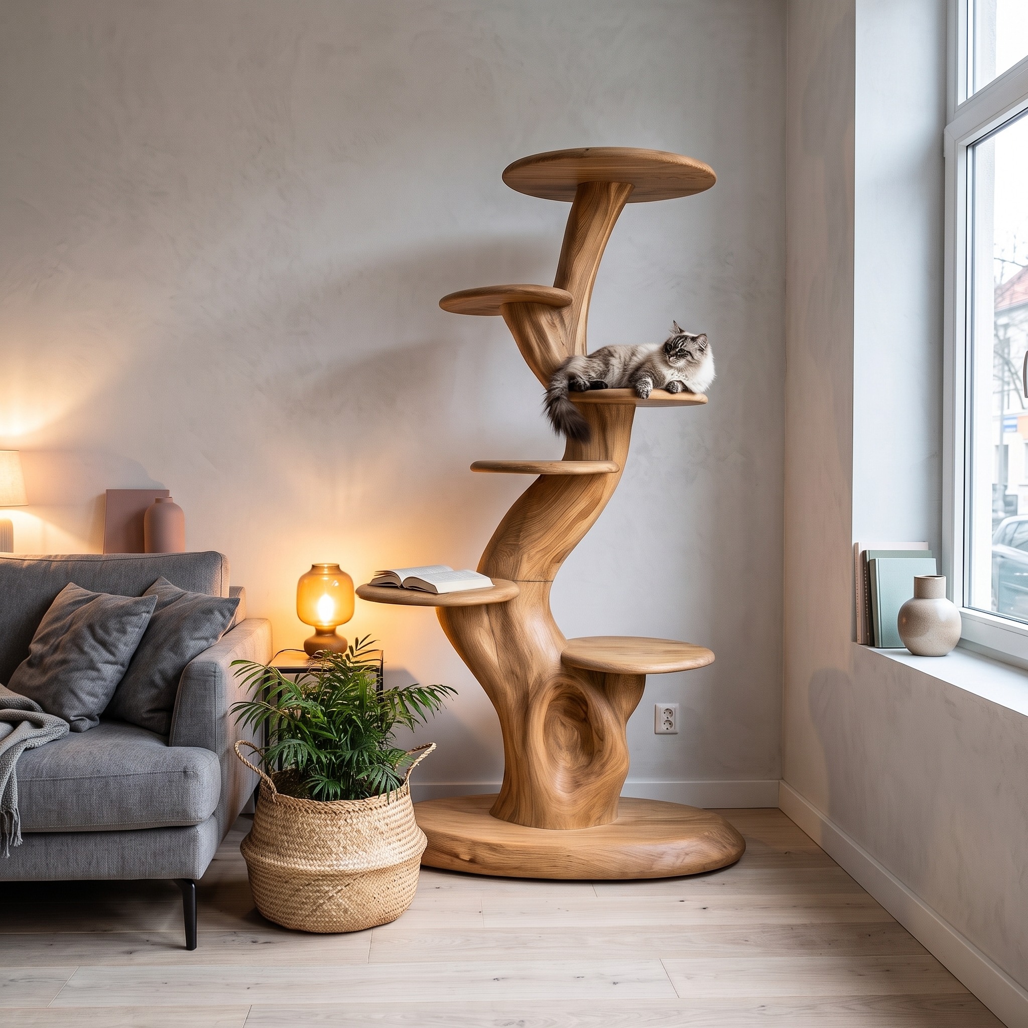 Rustic Sculptural Cat Tree with Multi Level Platforms for Living Room