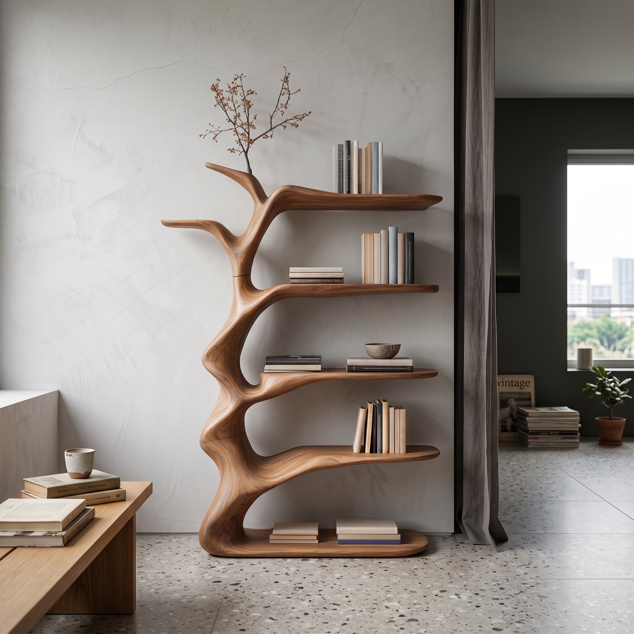 Rustic Sculptural Curved Storage Shelf Solid Wood Living Room Interior Statement Furniture