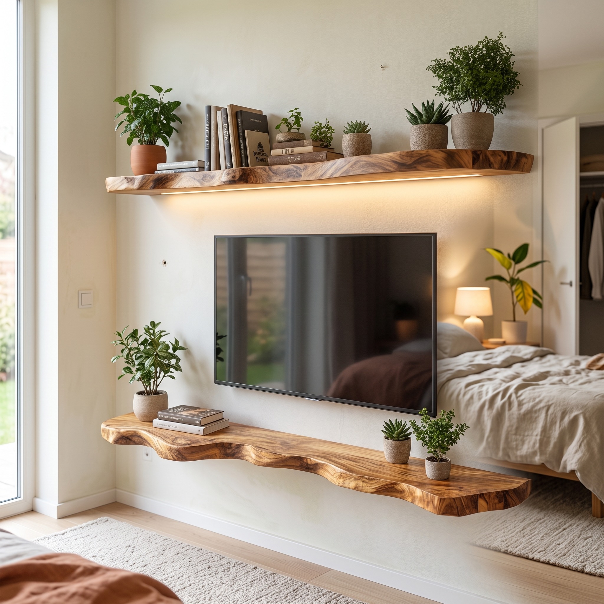 Rustic Sculptural Floating TV Console Shelf Solid Wood Living Room Interior Feature Furniture