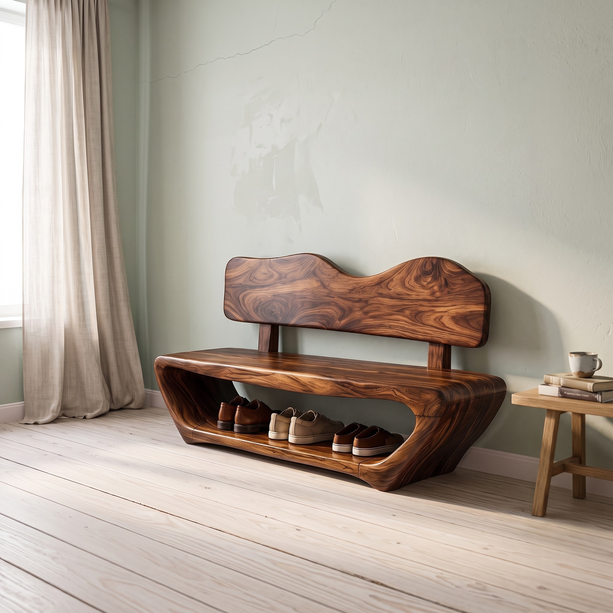 Rustic Sculptural Shoe Bench Organic Live Edge Design for Entryway Hallway