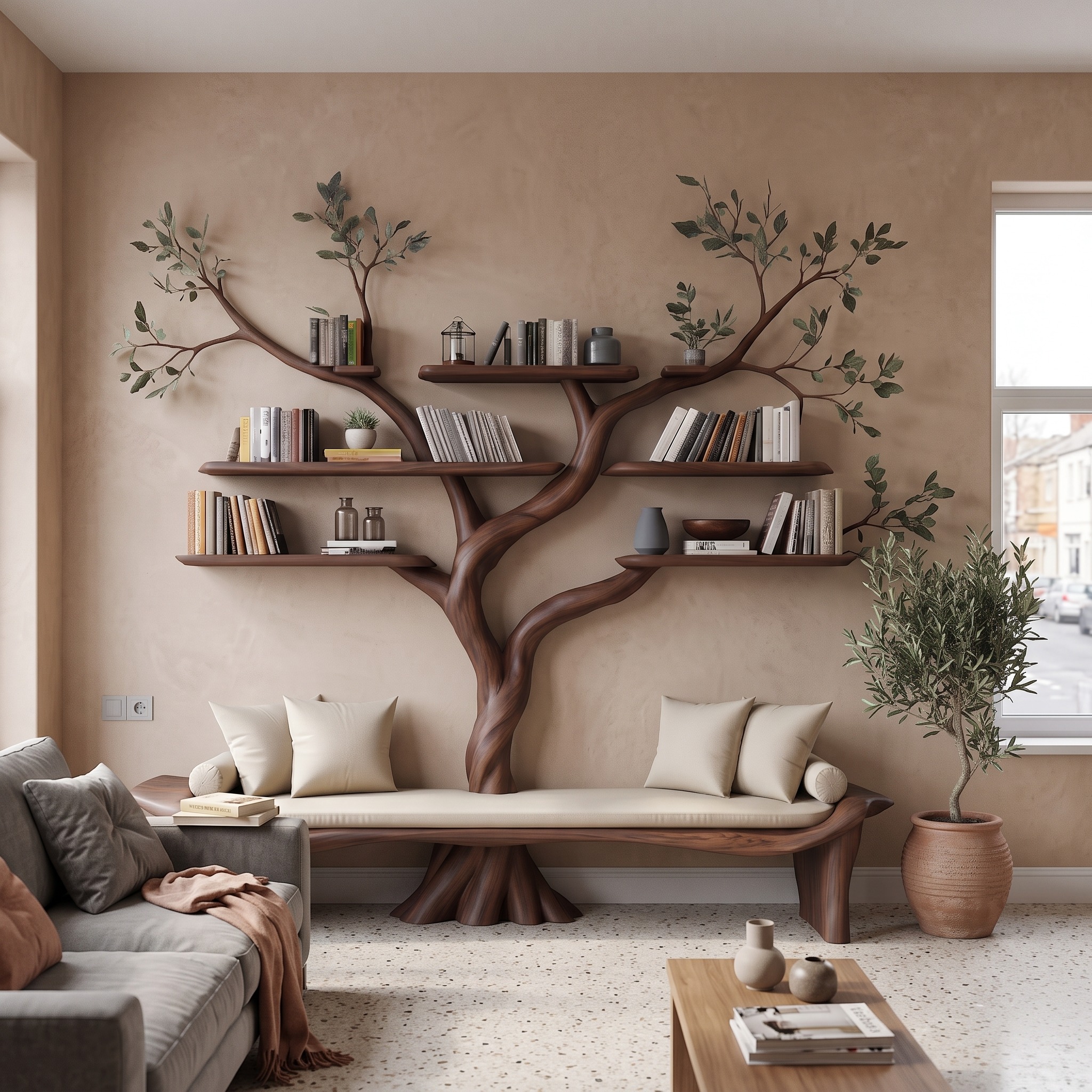 Rustic Sculptural Tree Bookshelf Bench Living Room Interior Statement Furniture