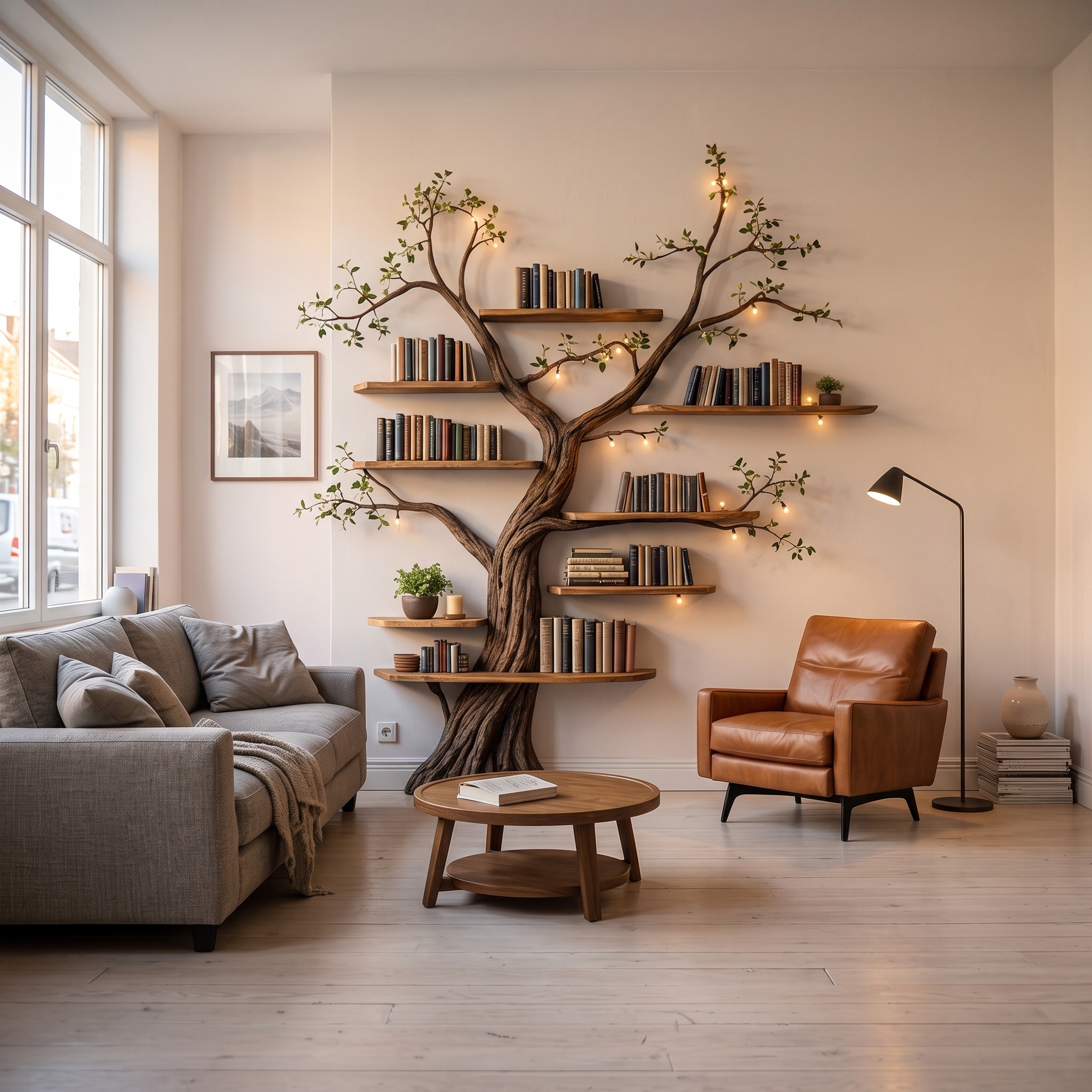 Rustic Sculptural Tree Bookshelf Handcrafted for Living Room