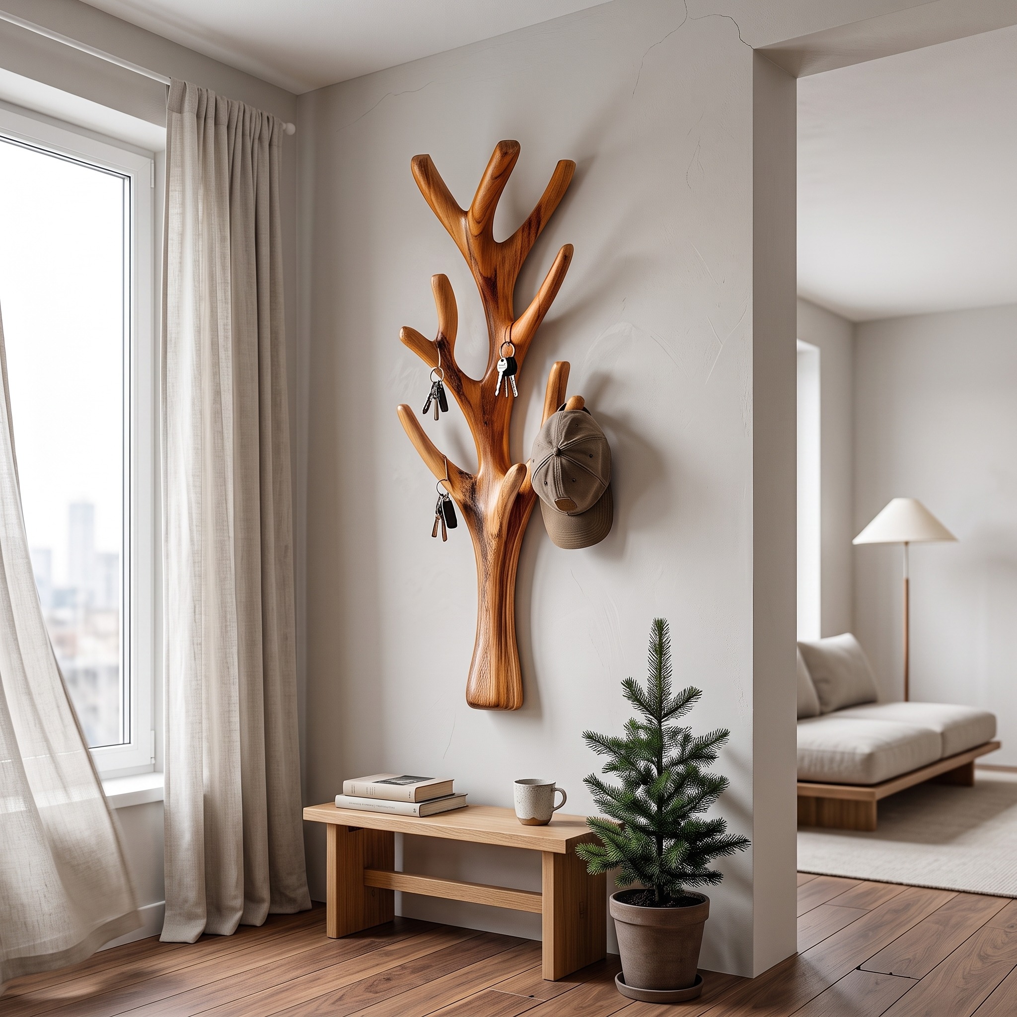 Rustic Sculptural Tree Coat Rack Wall Mounted Design for Entryway Hallway