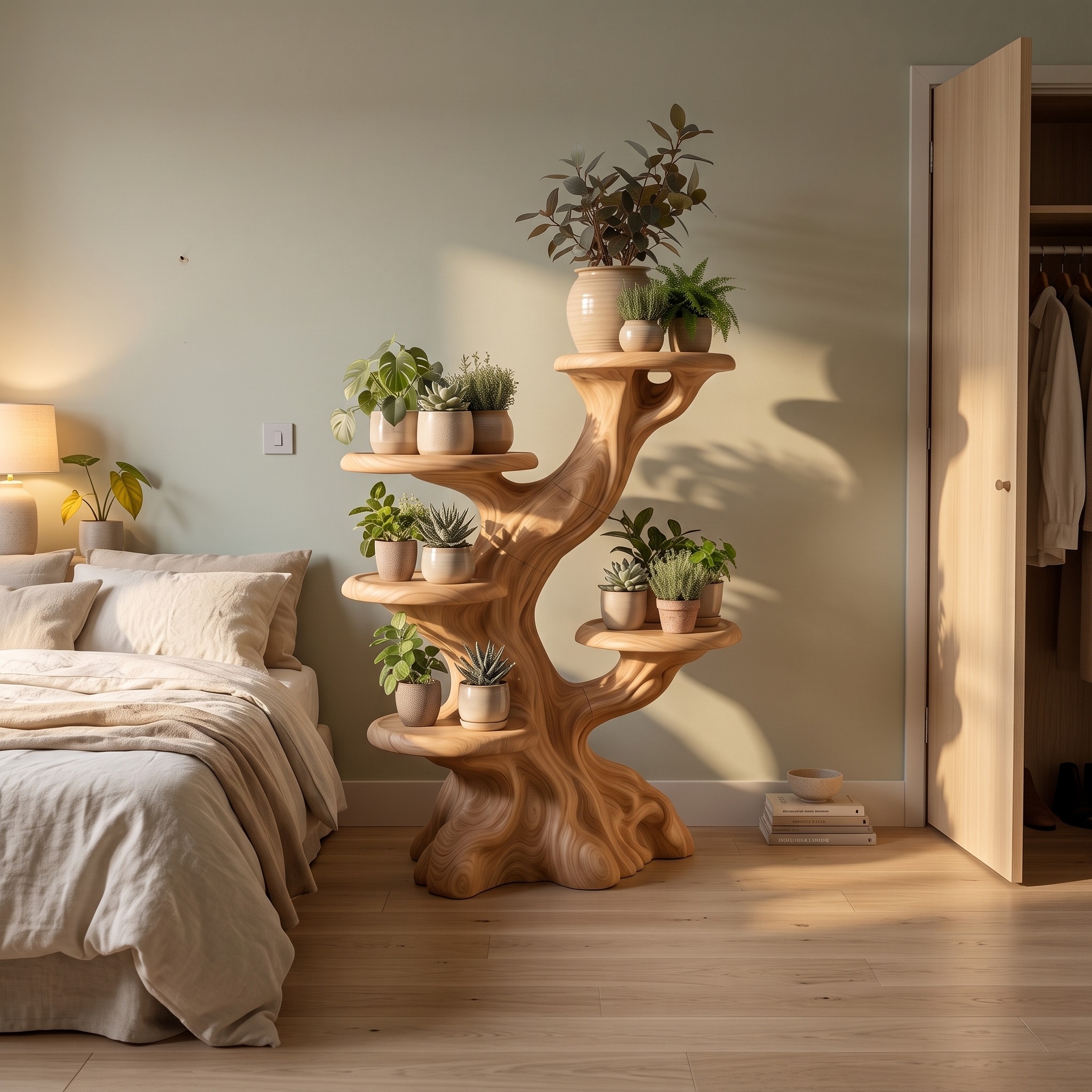 Rustic Sculptural Tree Plant Stand Multi Tier Display for Living Room