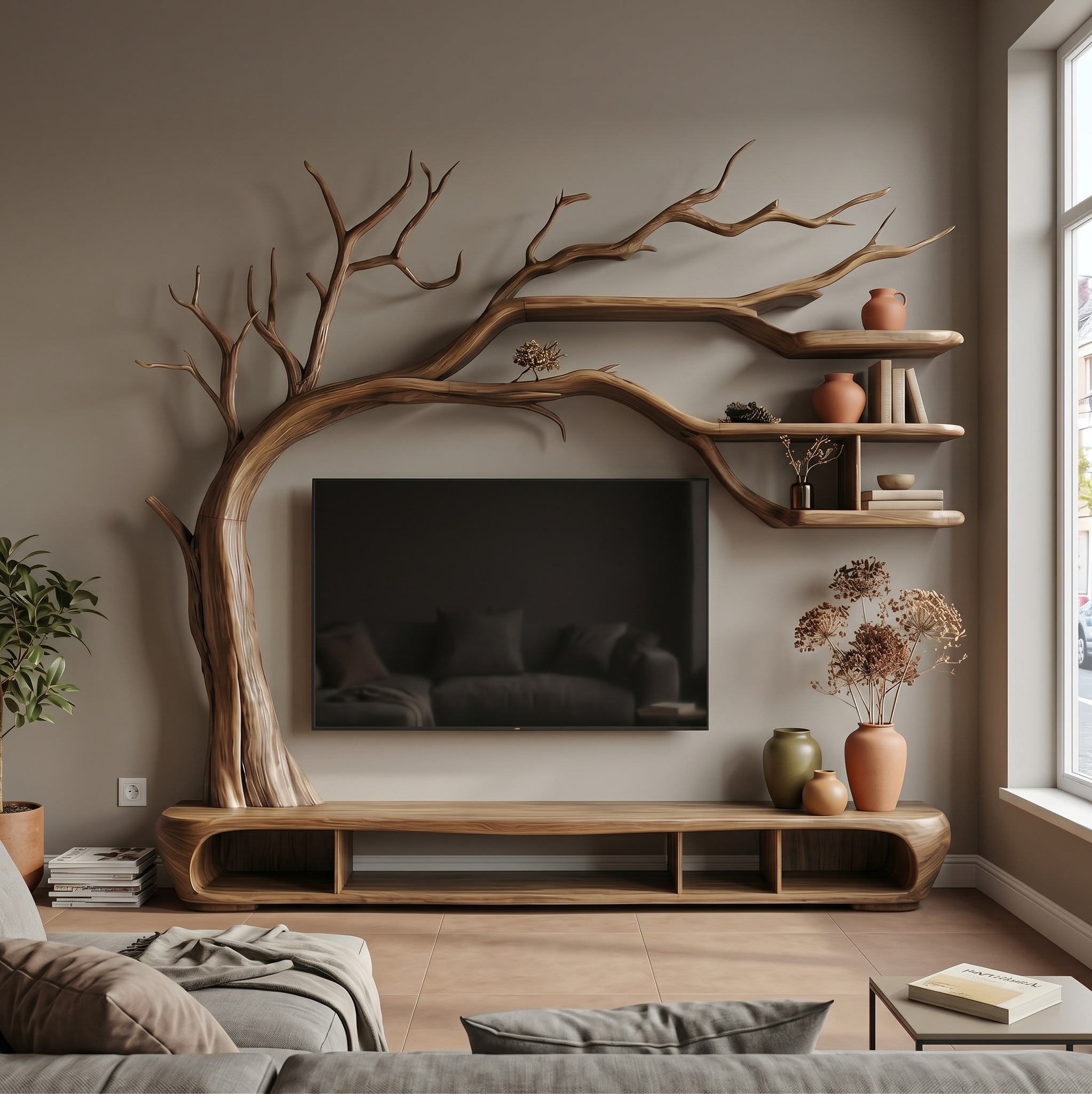 Rustic Sculptural Tree TV Unit for Living Room and Media Area