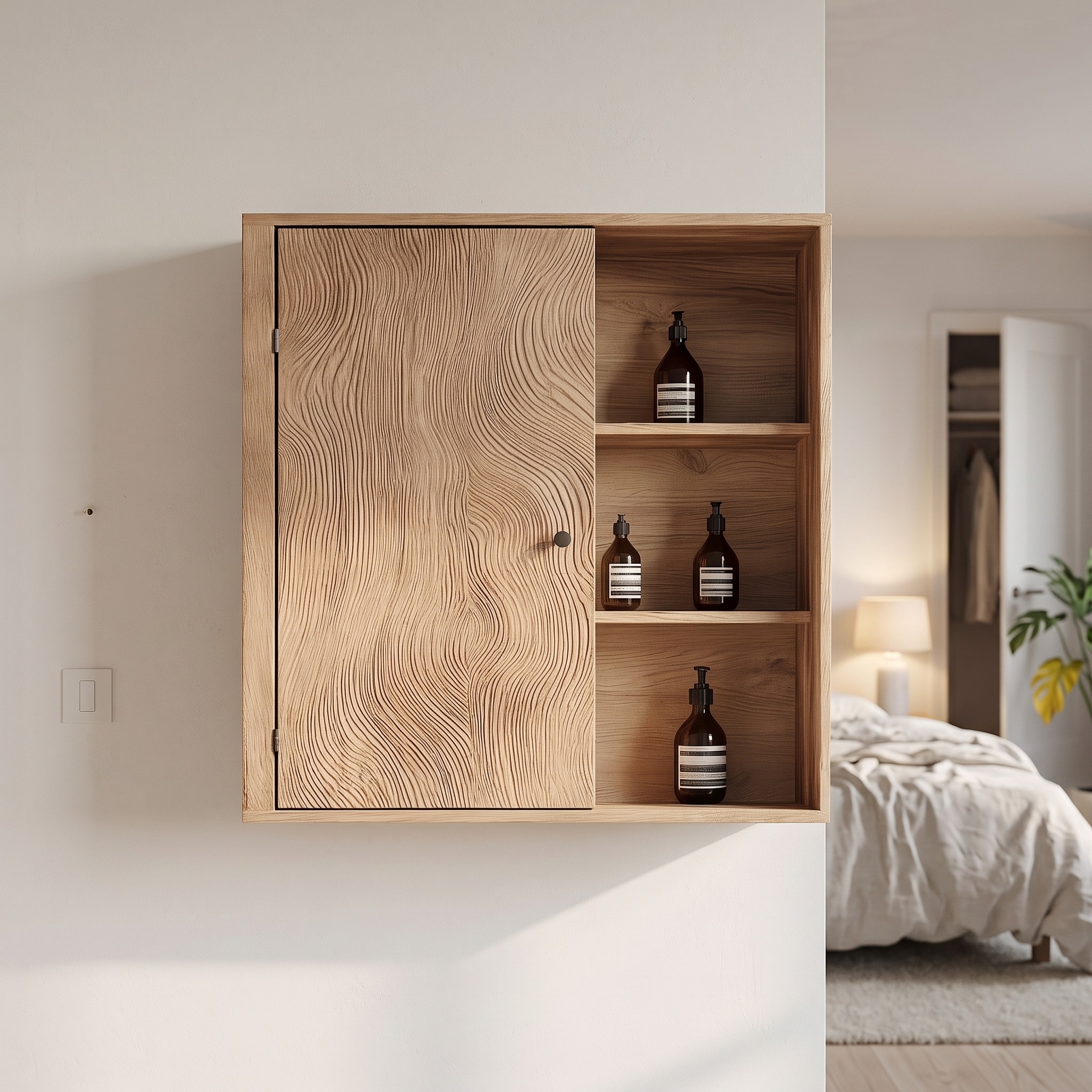 Rustic Sculptural Wall Cabinet for Bathroom Storage and Vanity Area