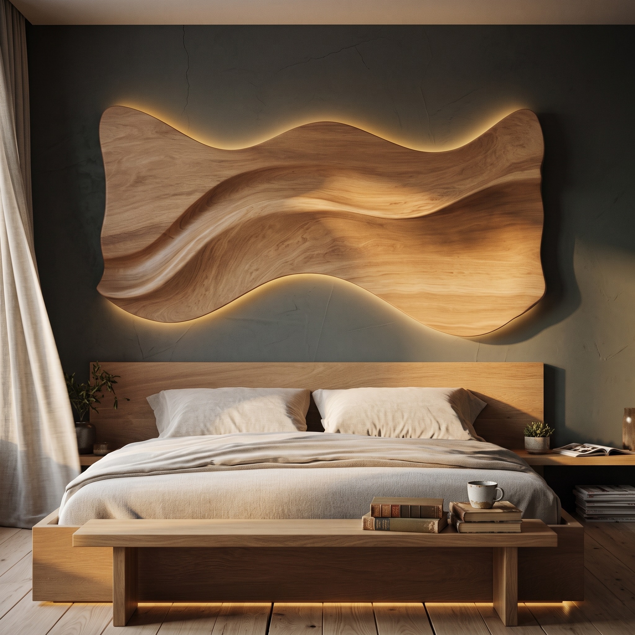 Rustic Sculptural Wooden Headboard Solid Wood Bedroom Interior Statement Decor