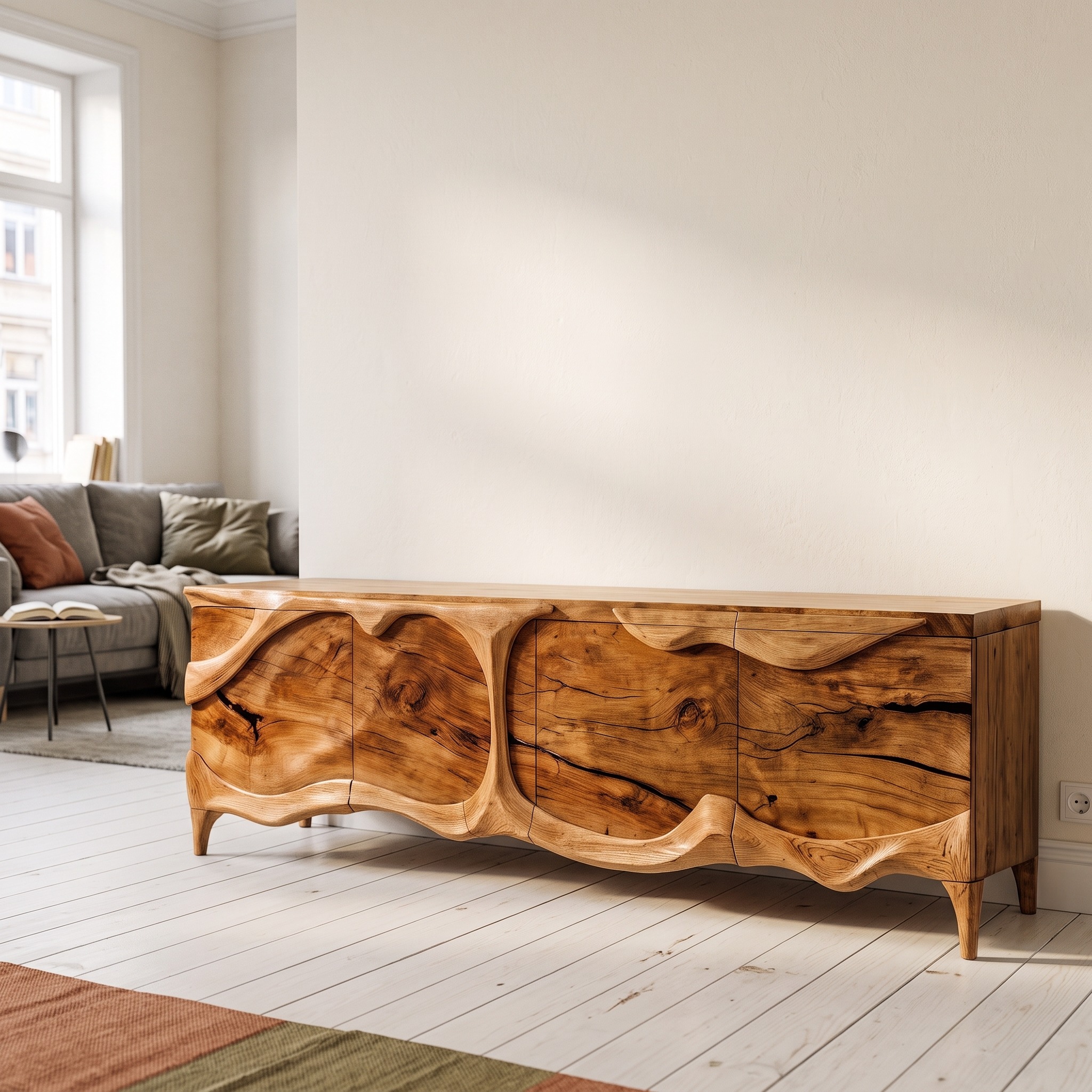 Rustic Sideboard with Sculptural Front Design for Living Room