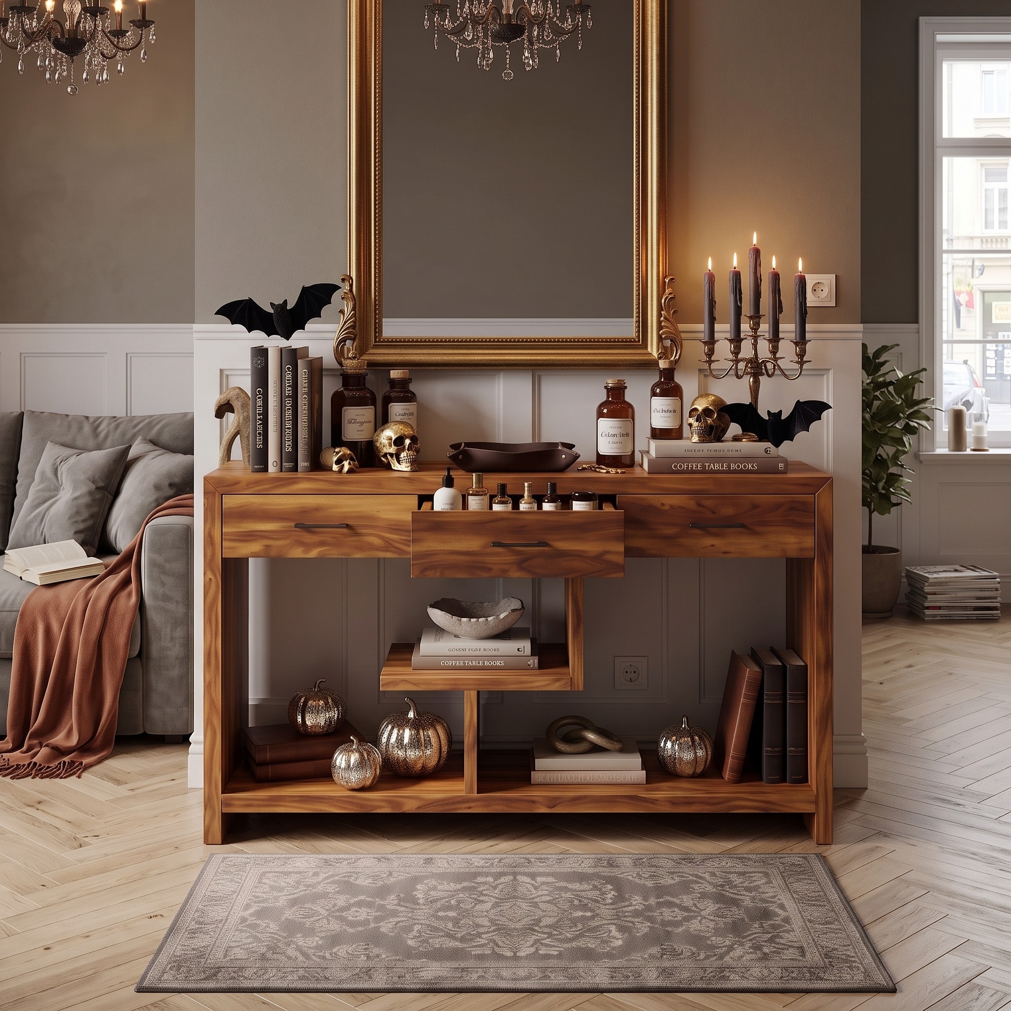 Rustic Skull Wood Console Table Luxury Bathroom