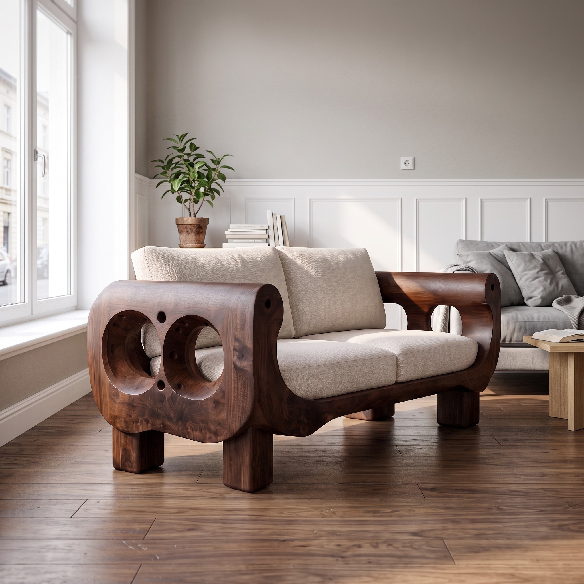 Rustic Sofa Frame with Handcrafted Sculptural Wood Design for Living Room