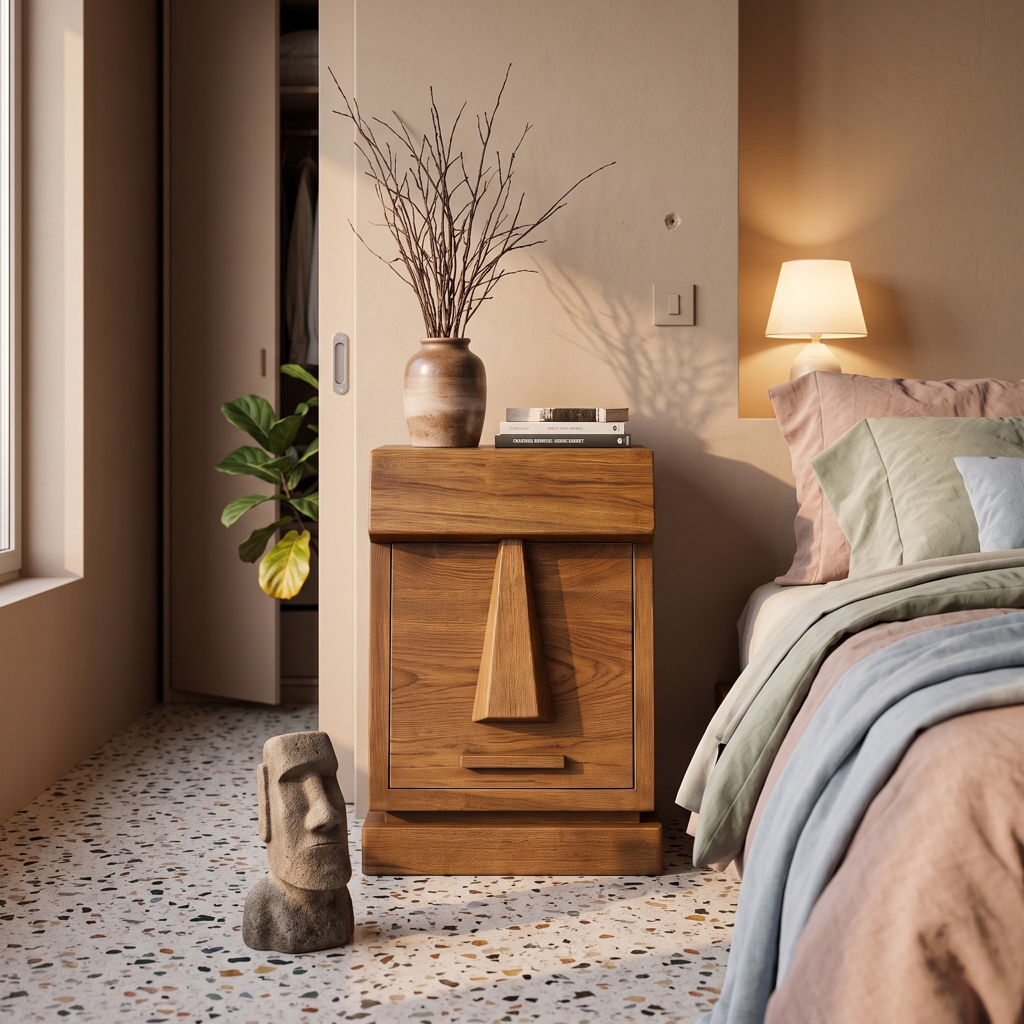 Rustic Solid Wood Bedside Table with Geometric Wooden Door