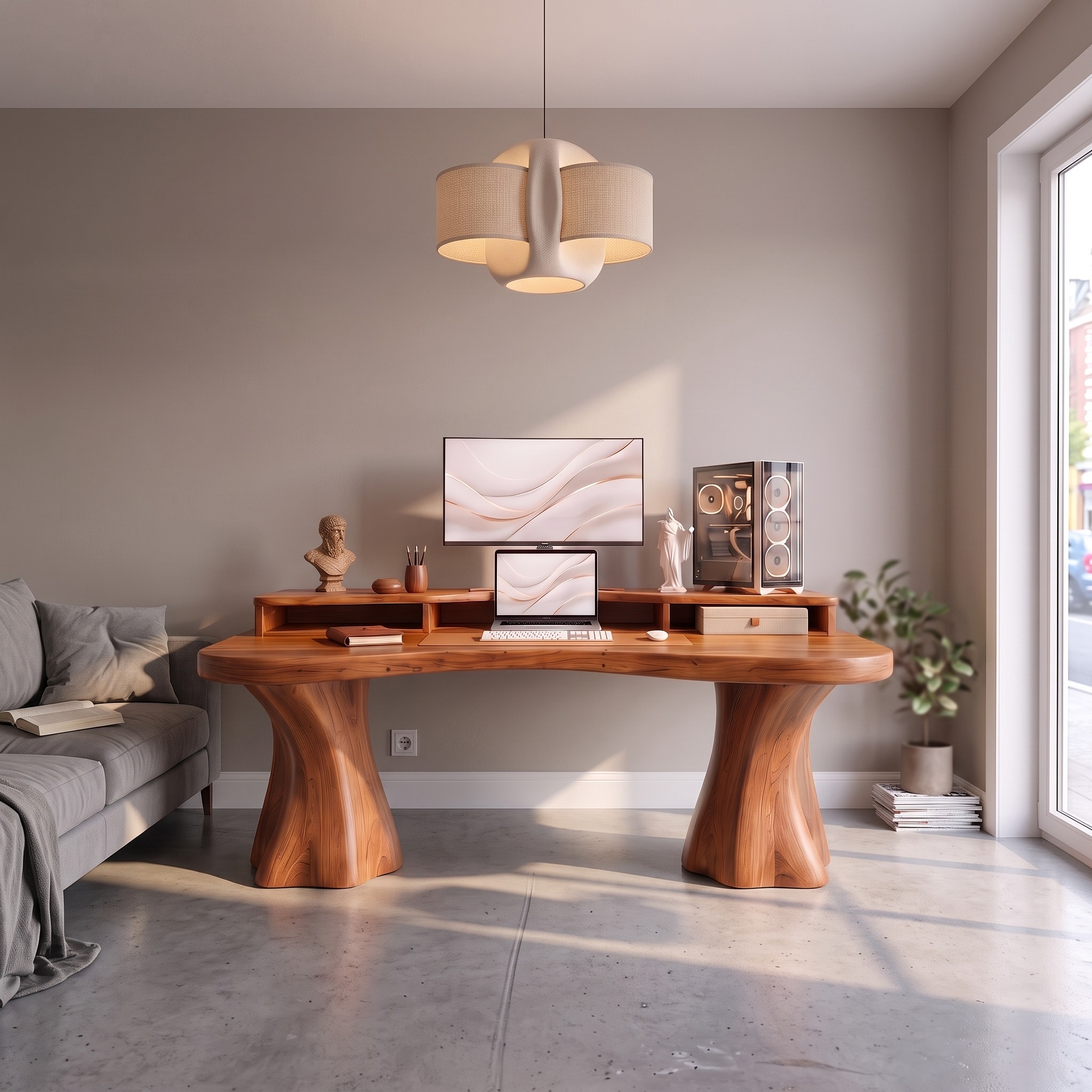 Rustic Solid Wood Desk with Tree Trunk Inspired Legs for Home Office