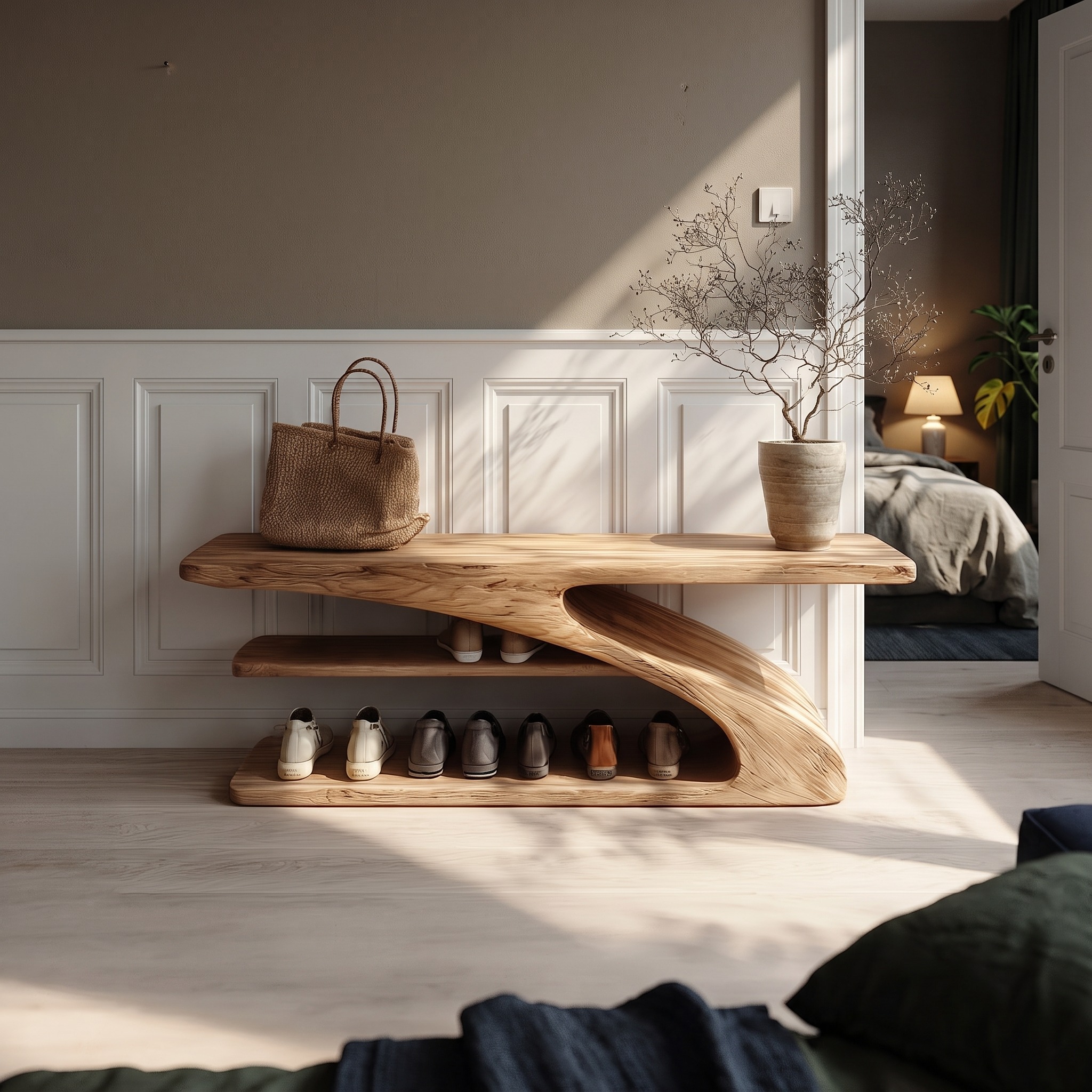 Rustic Solid Wood Shoe Bench Entryway Shoe Rack