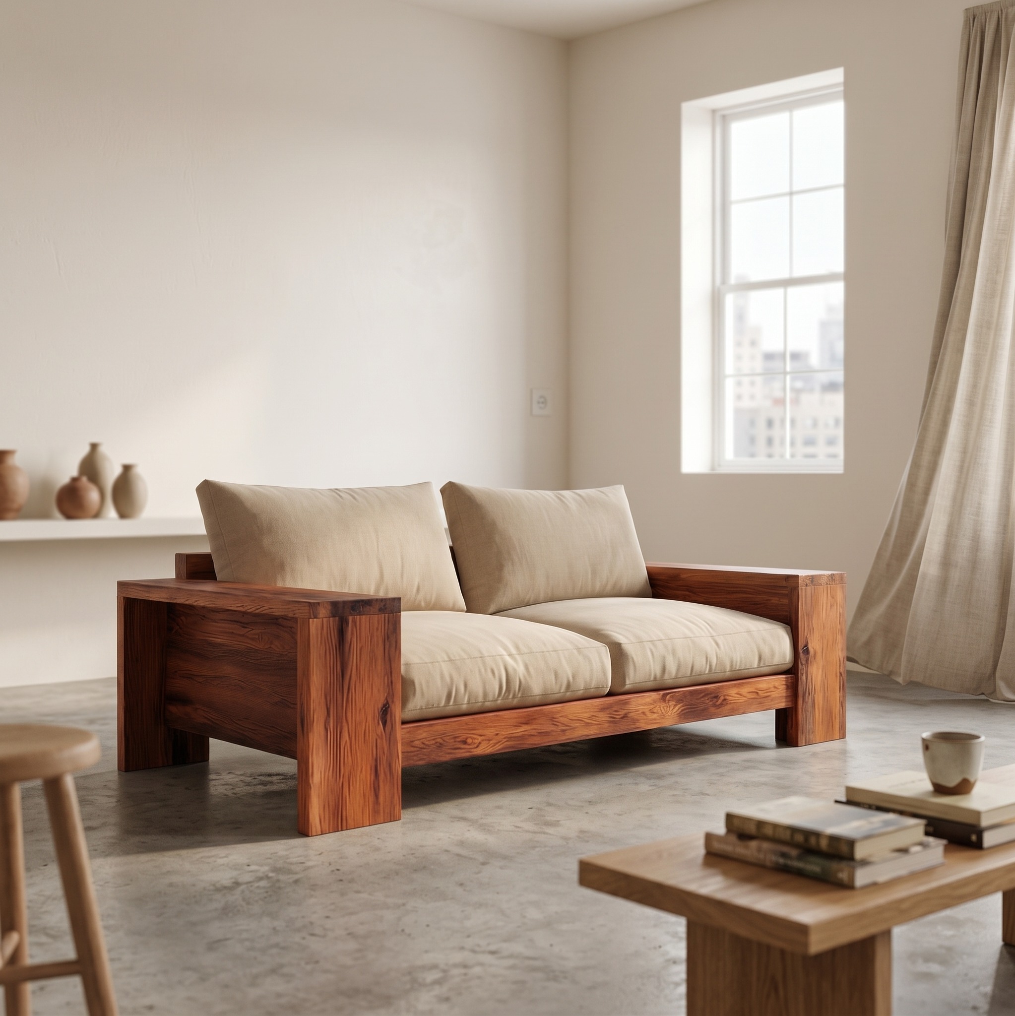 Rustic Solid Wood Sofa Living Room Minimalist Wooden Couch Interior Decor