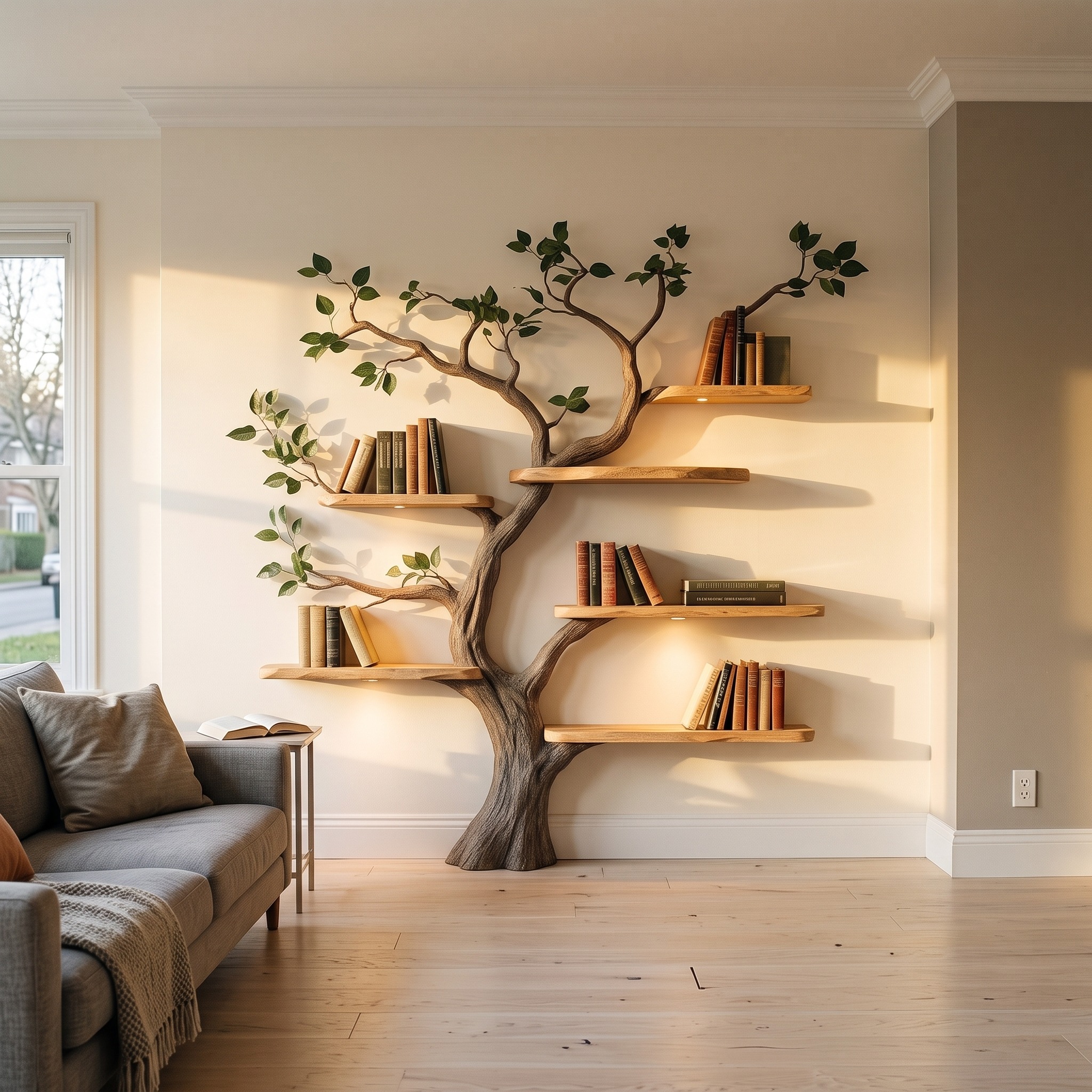Rustic Solid Wood Tree Bookshelf for Living Room Wall Decor