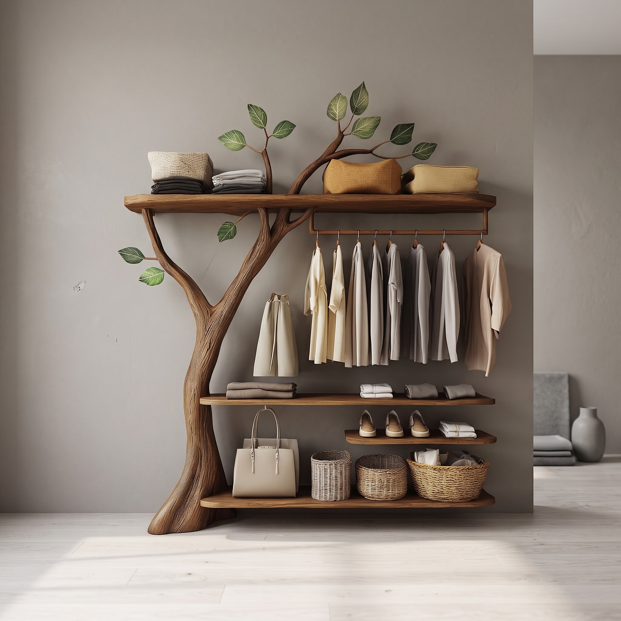 Rustic Solid Wood Tree Clothing Rack Artistic Bedroom