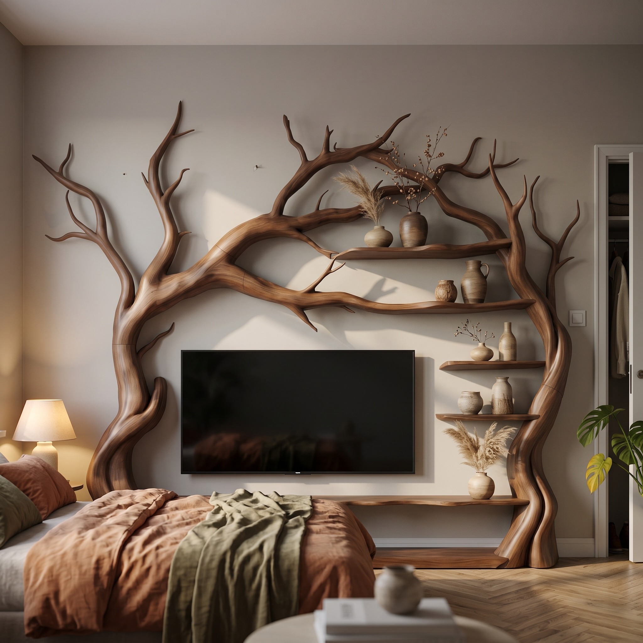 Rustic Statement Tree TV Console for Living Room and Artistic Interior