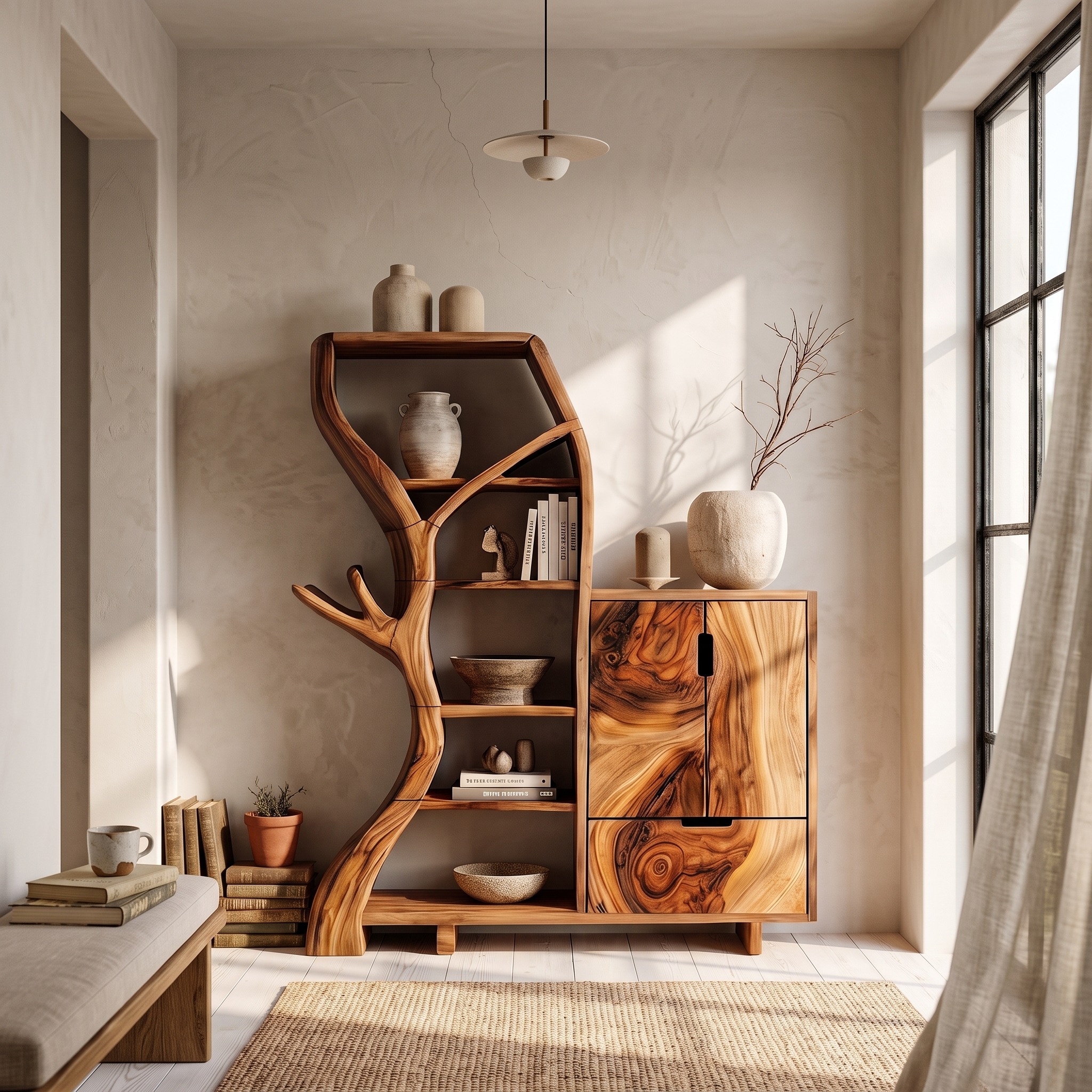 Rustic Storage Cabinet with Tree Bookshelf and Display Shelves for Entryway