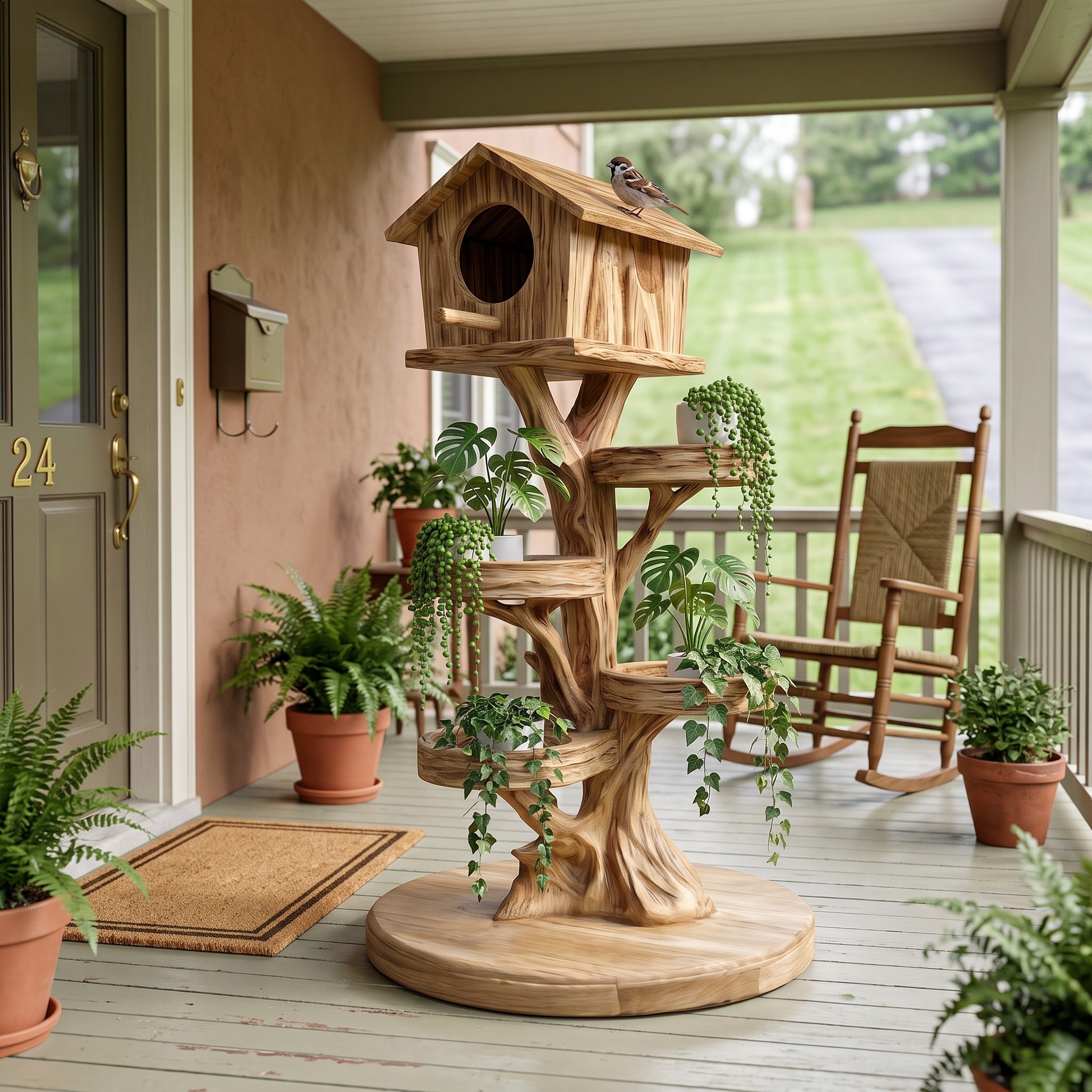 Rustic Tree Birdhouse with Built in Plant Stand for Garden