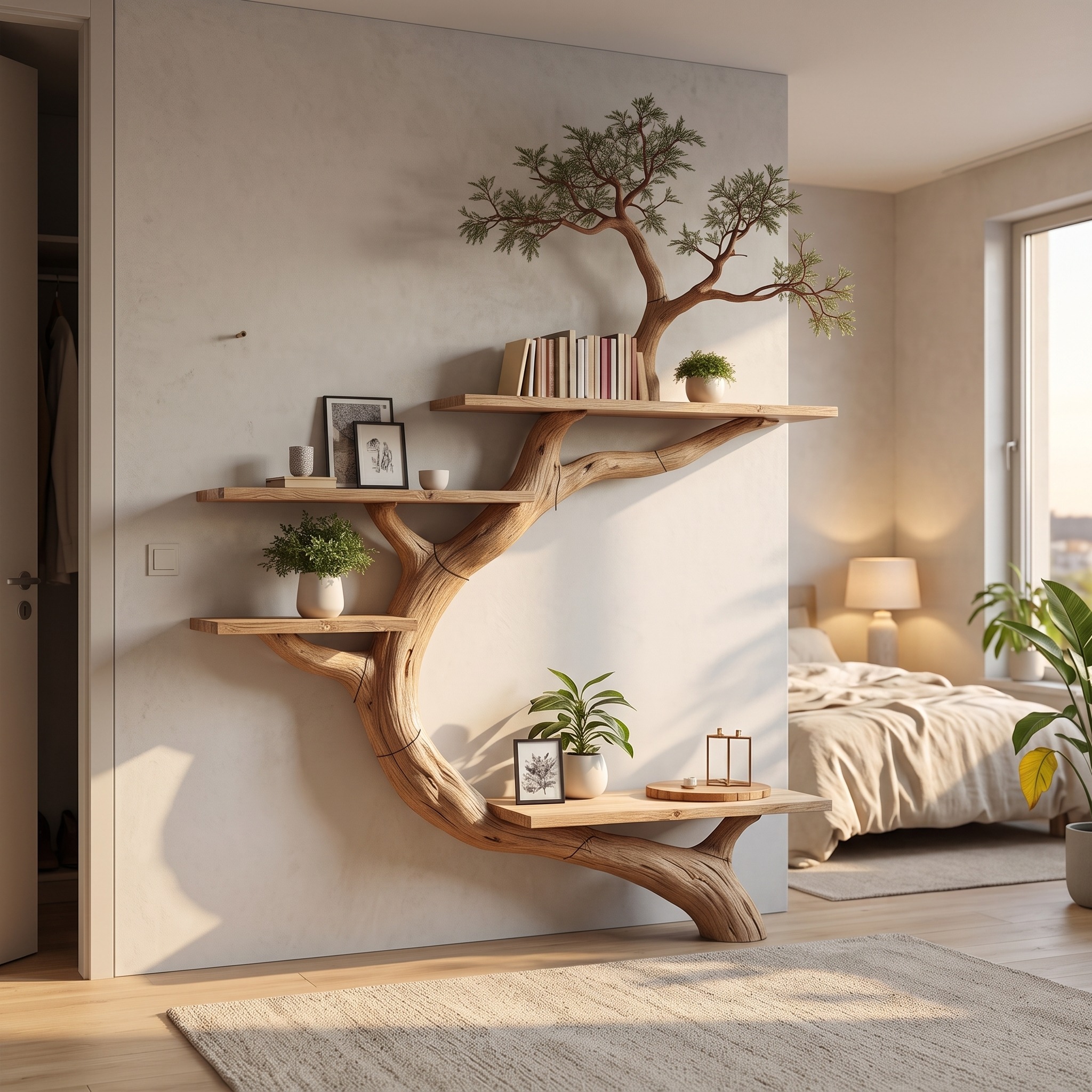 Rustic Tree Bookcase Floating Shelf Decoration Living Room