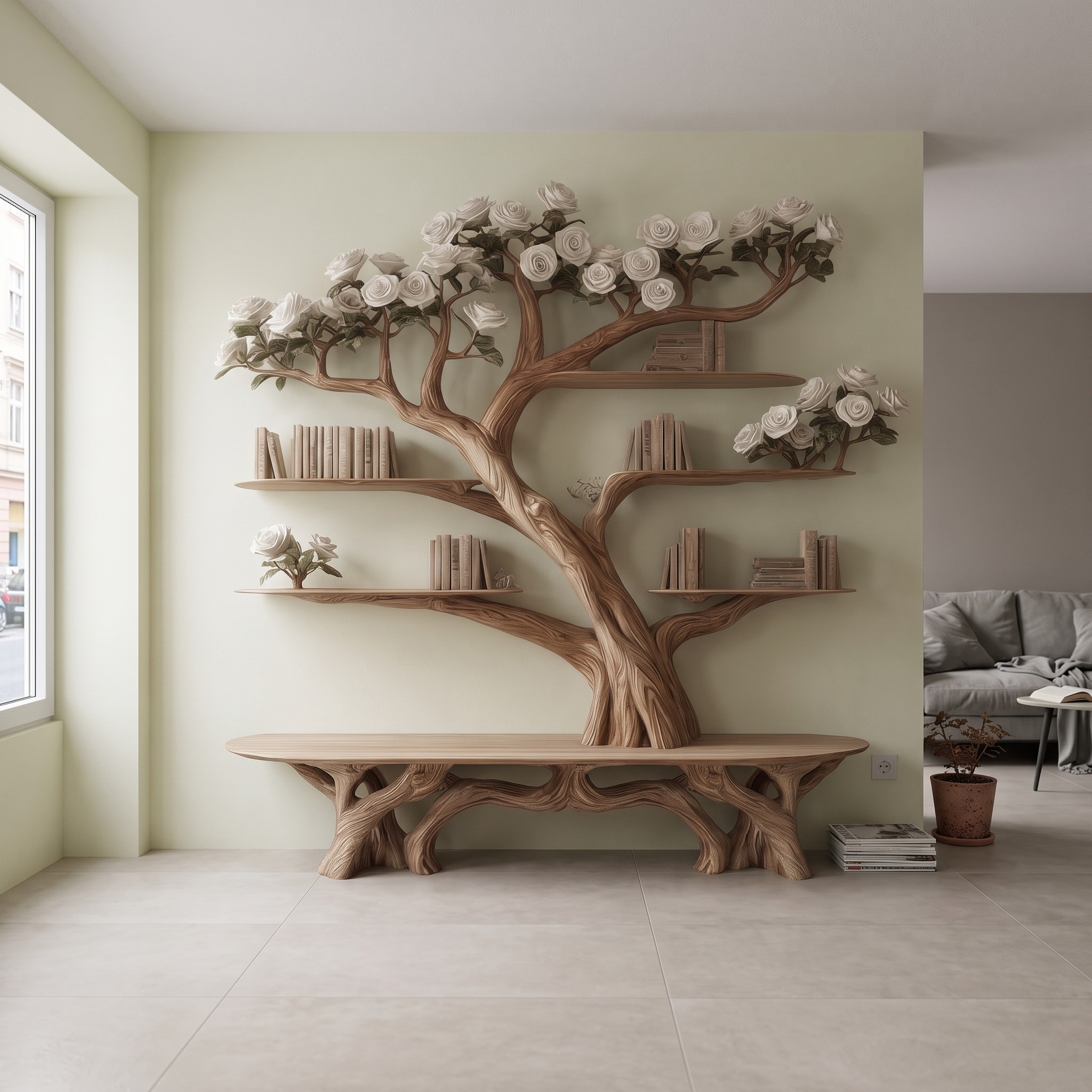 Rustic Tree Bookshelf Bench Living Room