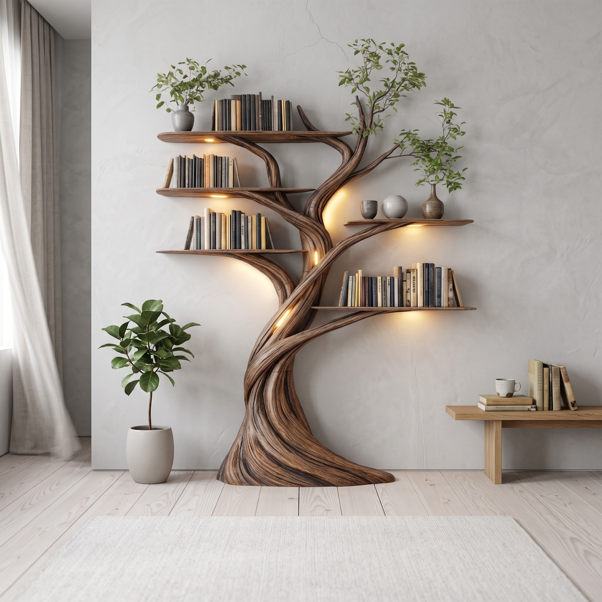 Rustic Tree Bookshelf Contemporary Living Room