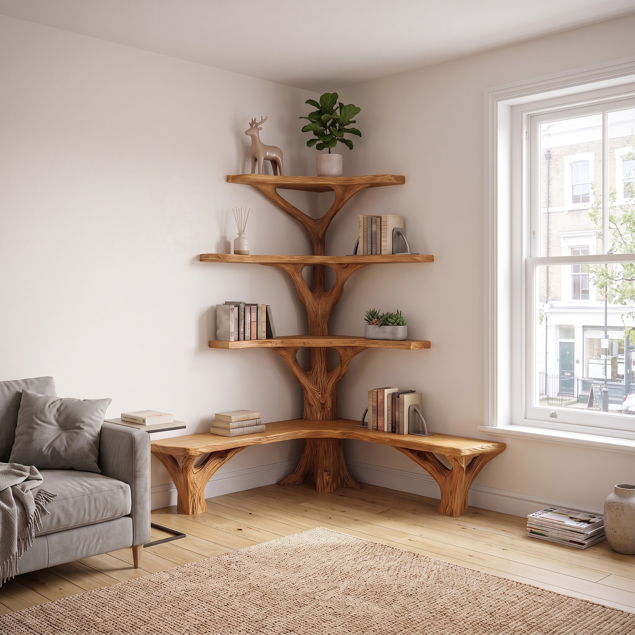 Rustic Tree Bookshelf Corner Living Room