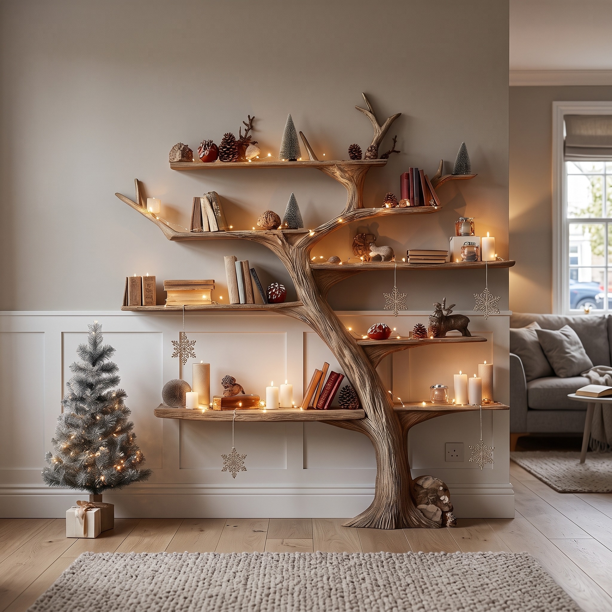 Rustic Tree Bookshelf Holiday Living Room
