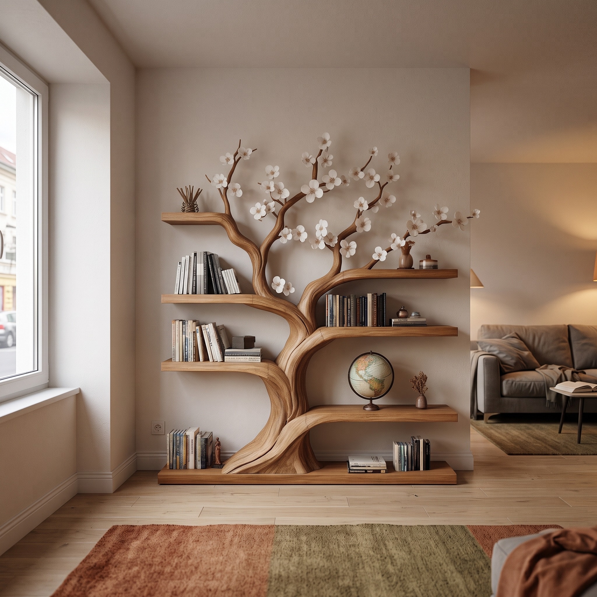 Rustic Tree Bookshelf Living Room Artistic Display