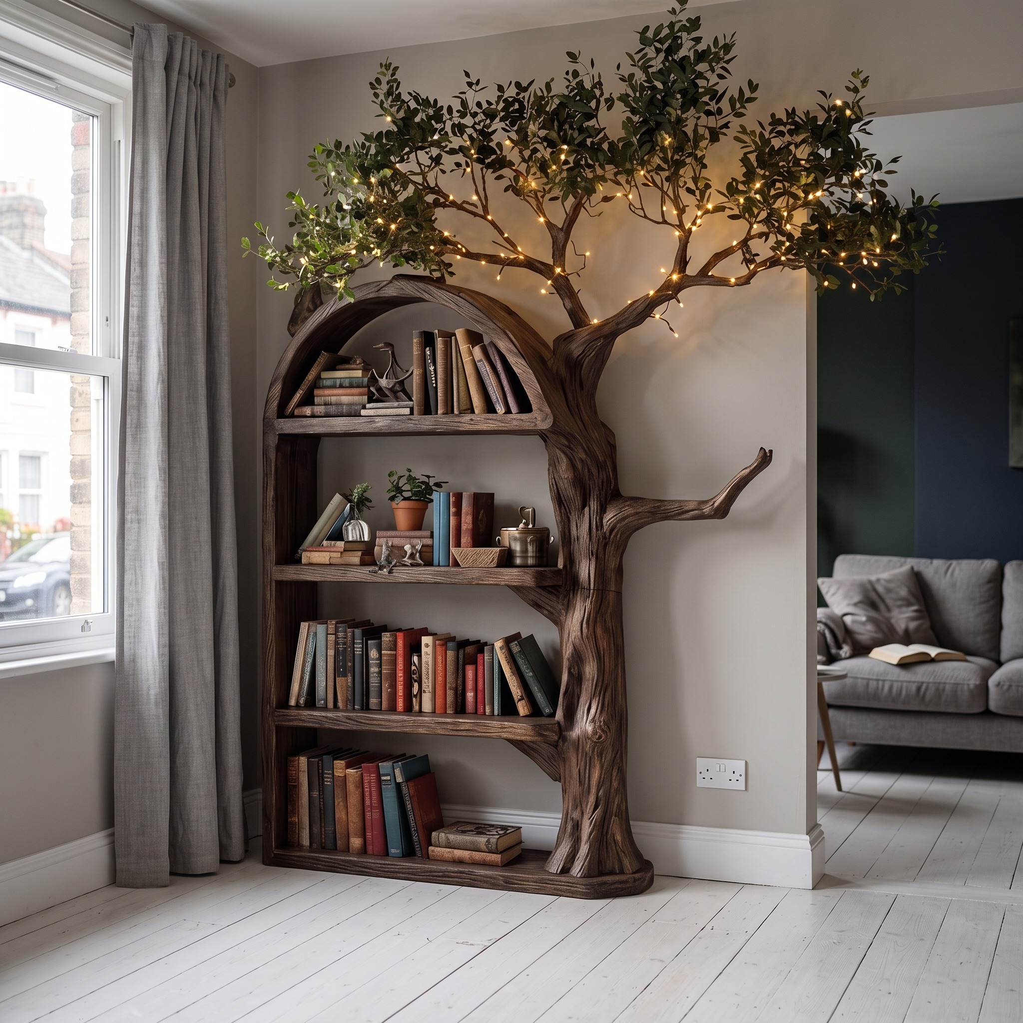 Rustic Tree Bookshelf Living Room Wall Display
