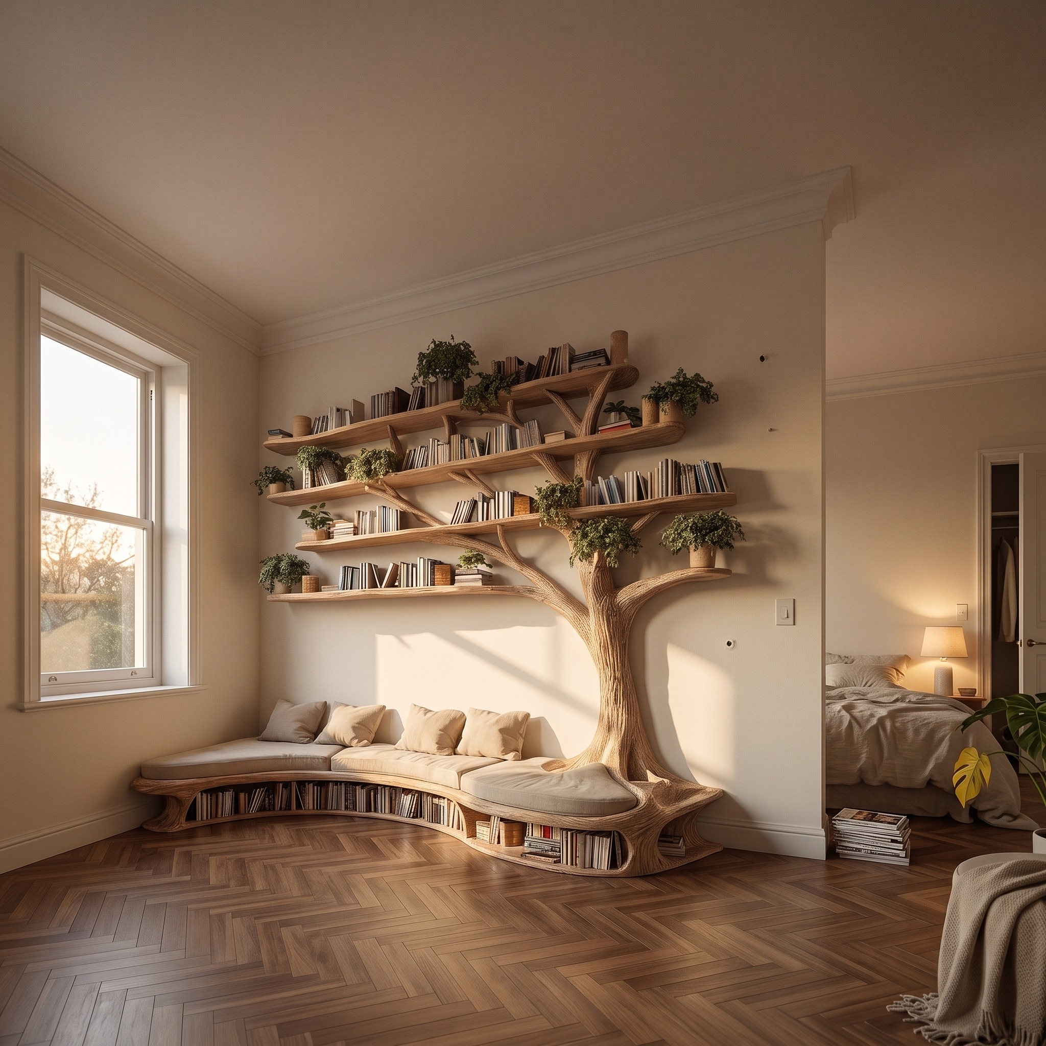 Rustic Tree Bookshelf Seating Home Office