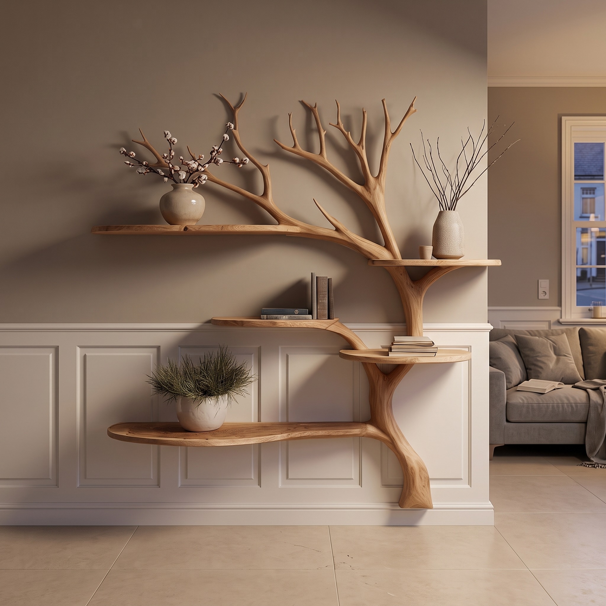 Rustic Tree Bookshelf Wall Living Room