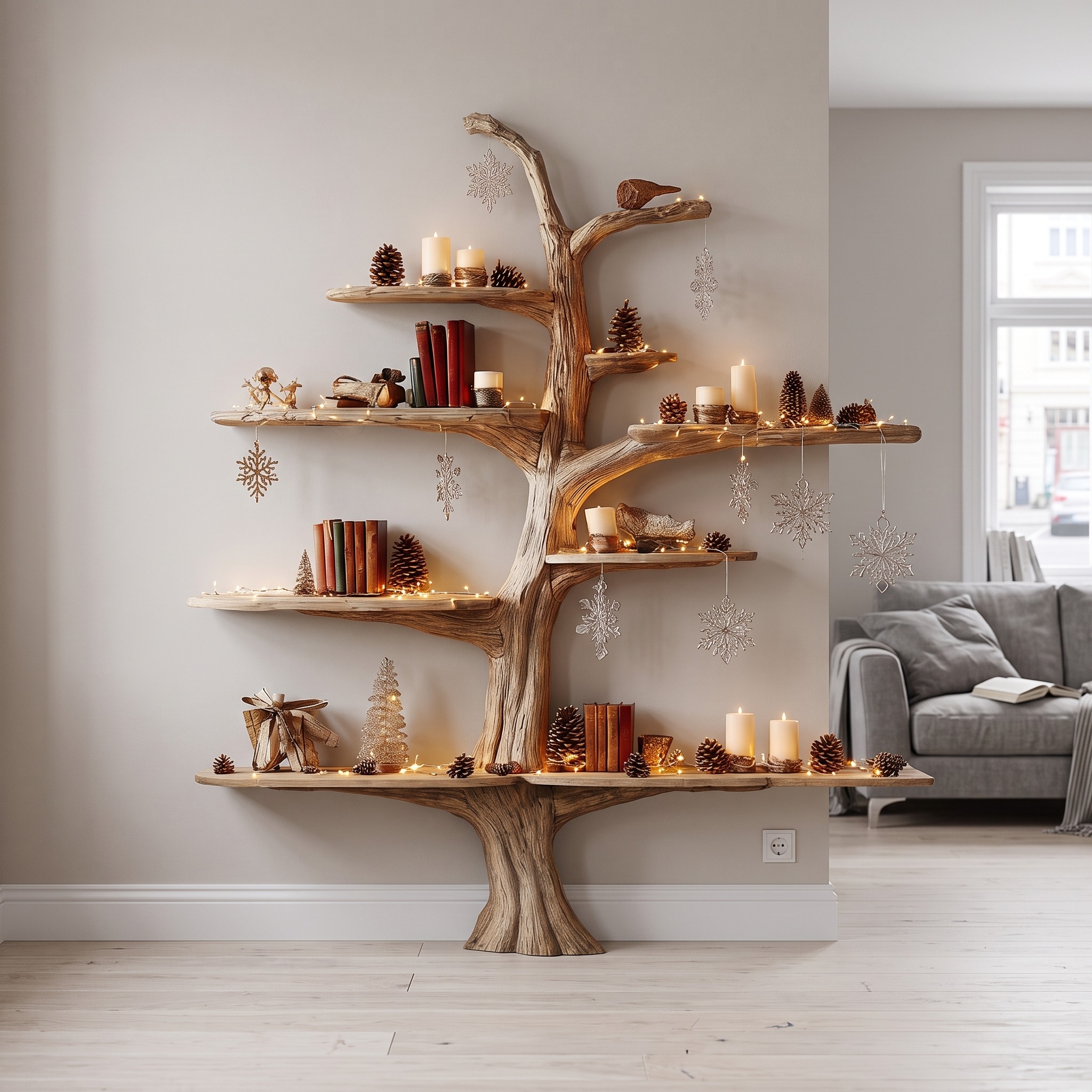 Rustic Tree Bookshelf Winter Living Room