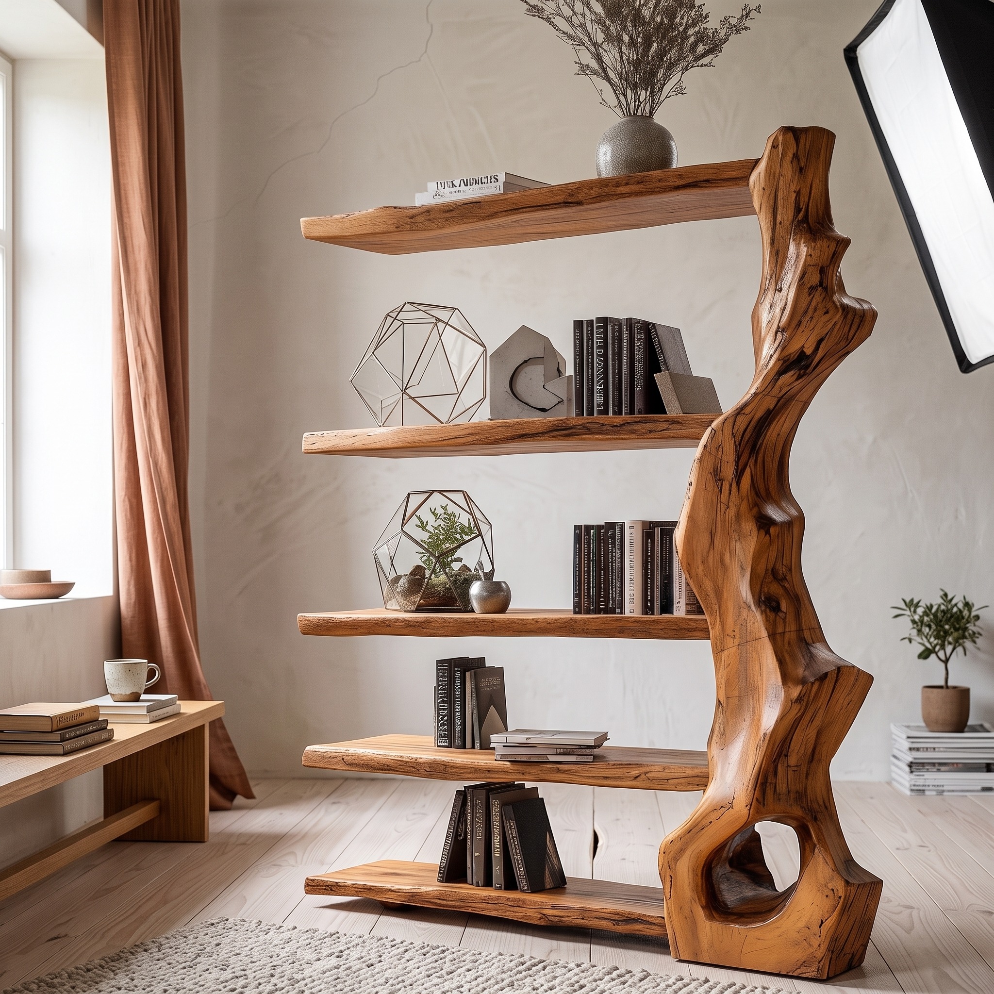 Rustic Tree Bookshelf with Handcrafted Branch Base, Solid Wood Bookcase Organizer with Open Shelves for Home Office Living Room