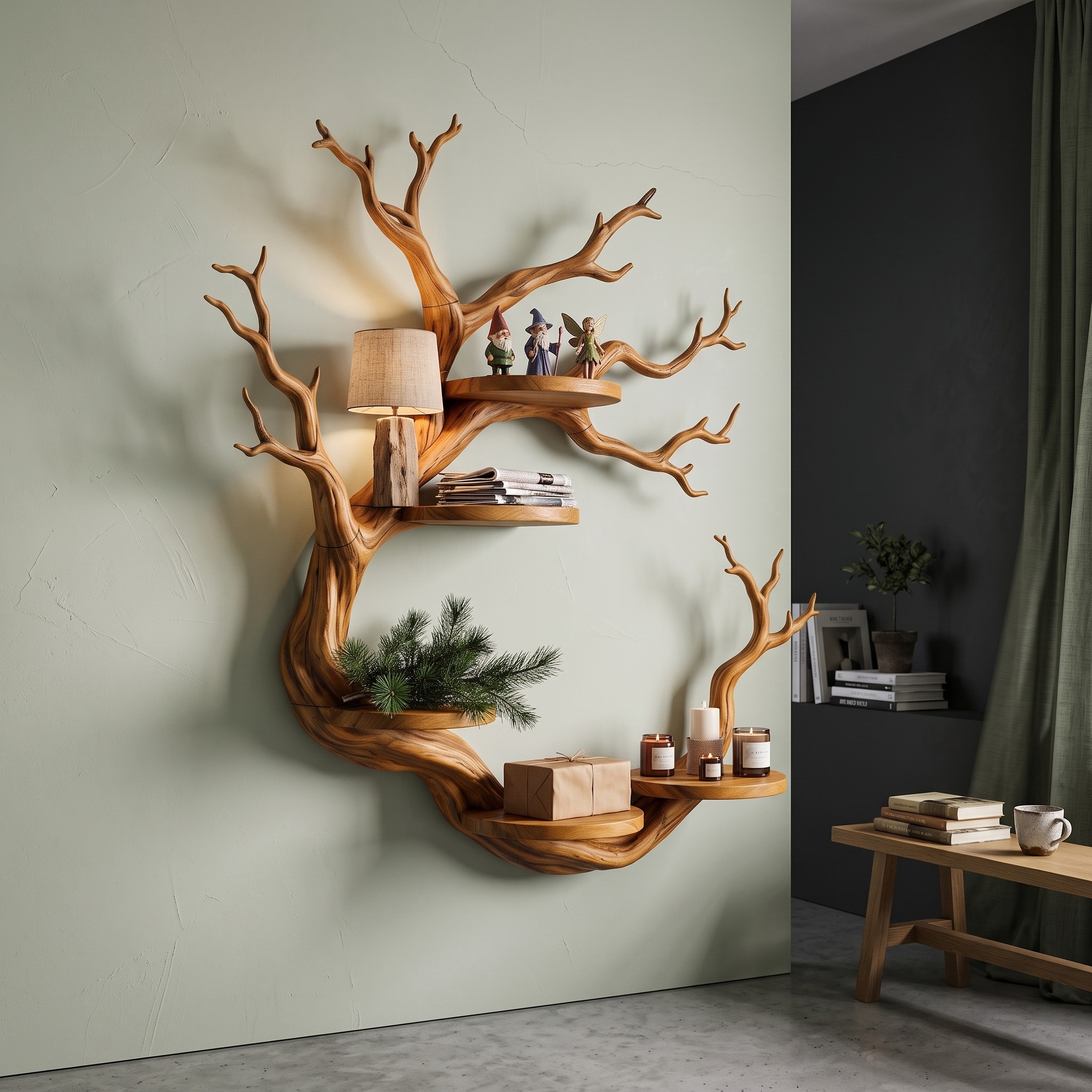 Rustic Tree Bookshelf with Sculptural Circular Branch Design for Living Room