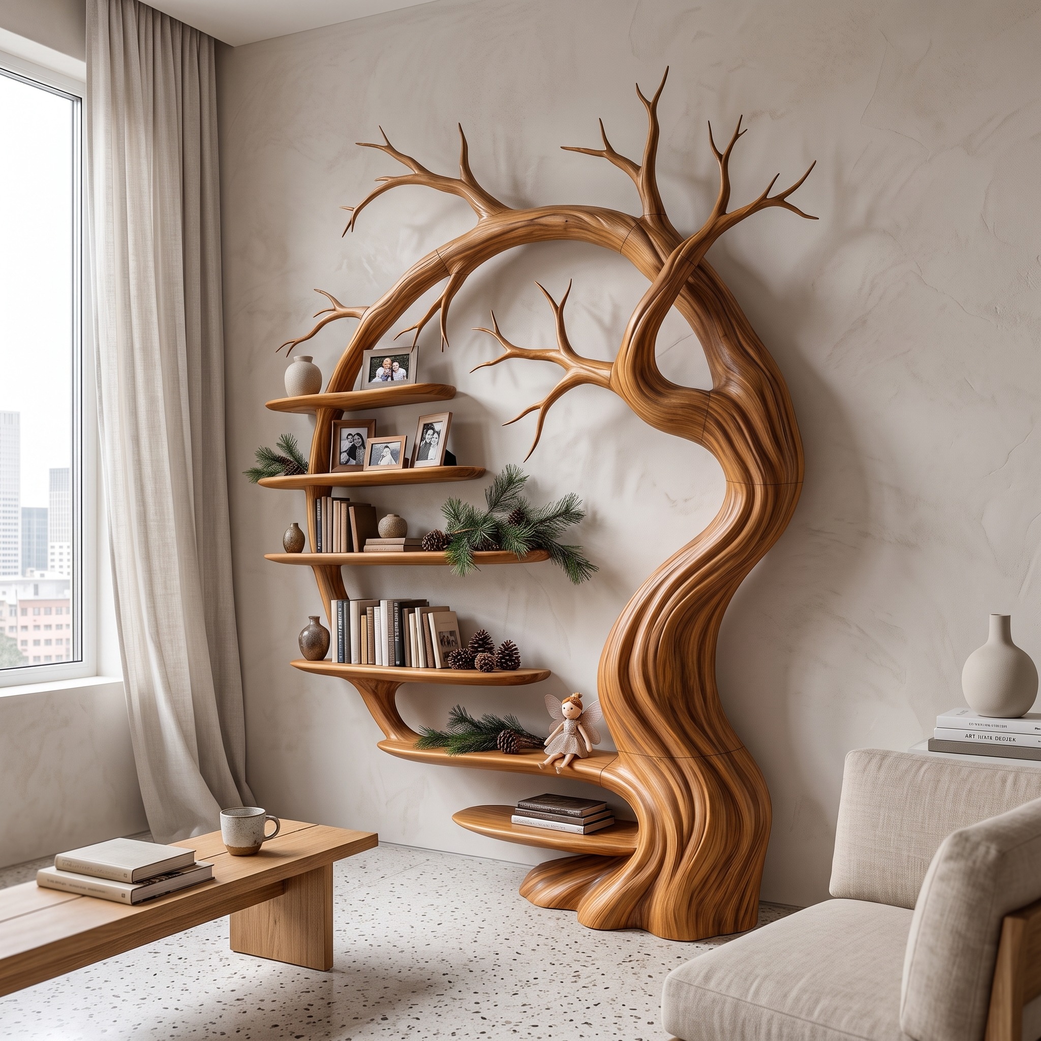 Rustic Tree Bookshelf with Sculptural Tree Branch Design for Living Room and Home Office