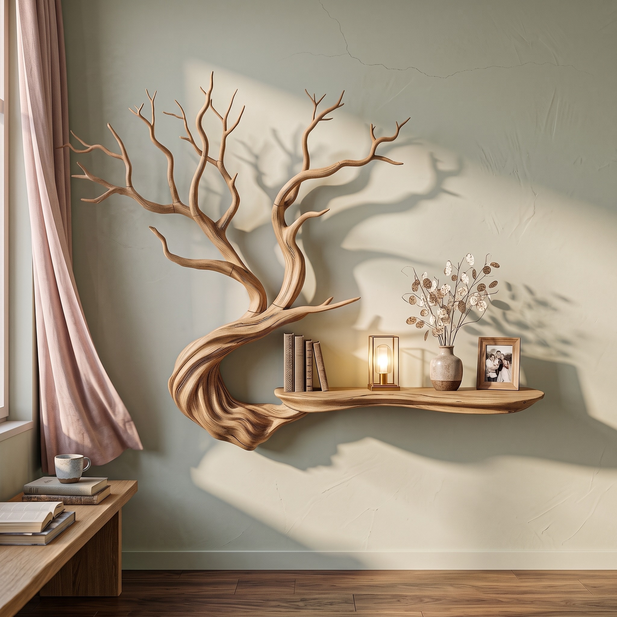 Rustic Tree Bookshelf with Wall Mounted Branch Shelves for Living Room