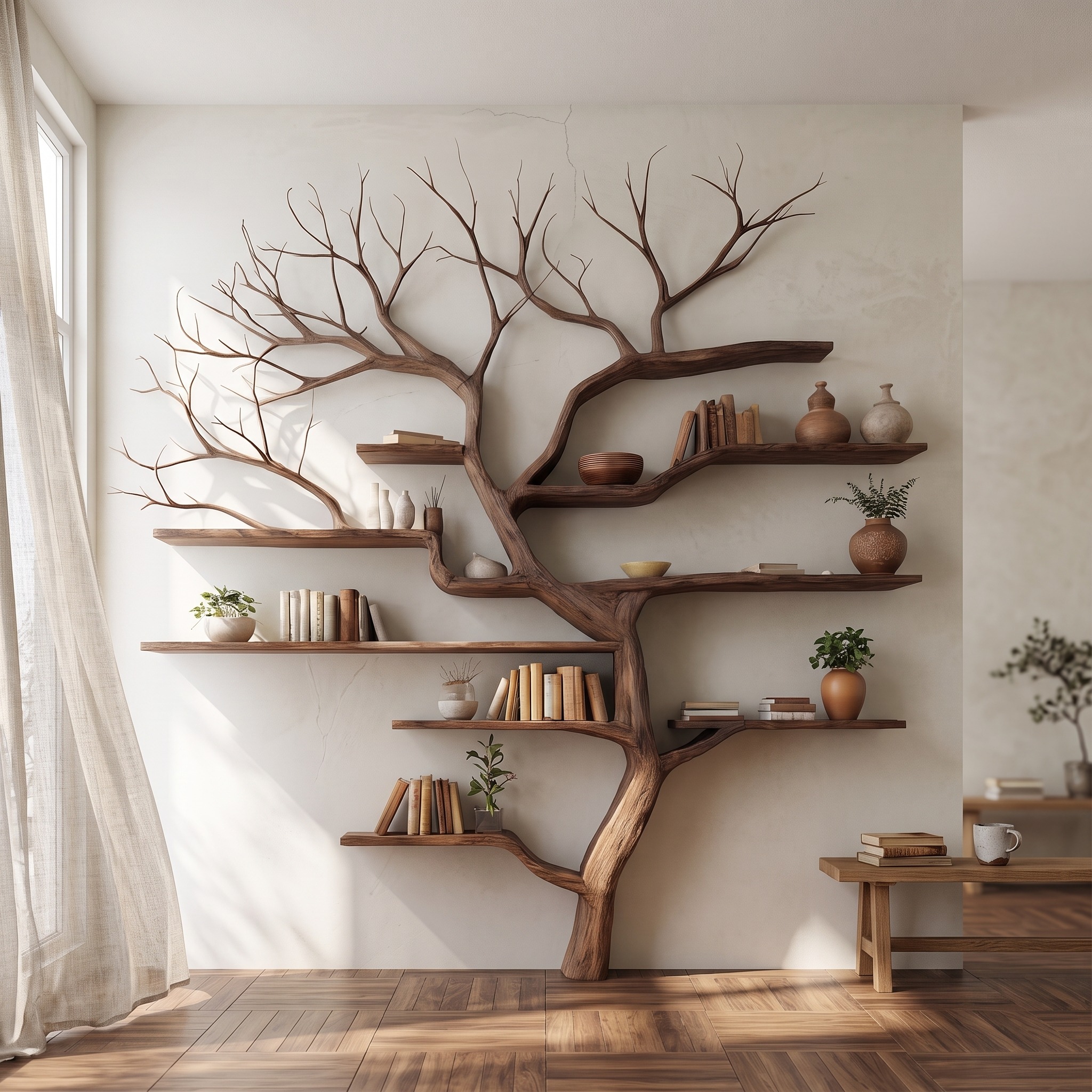 Rustic Tree Branch Bookshelf Living Wall