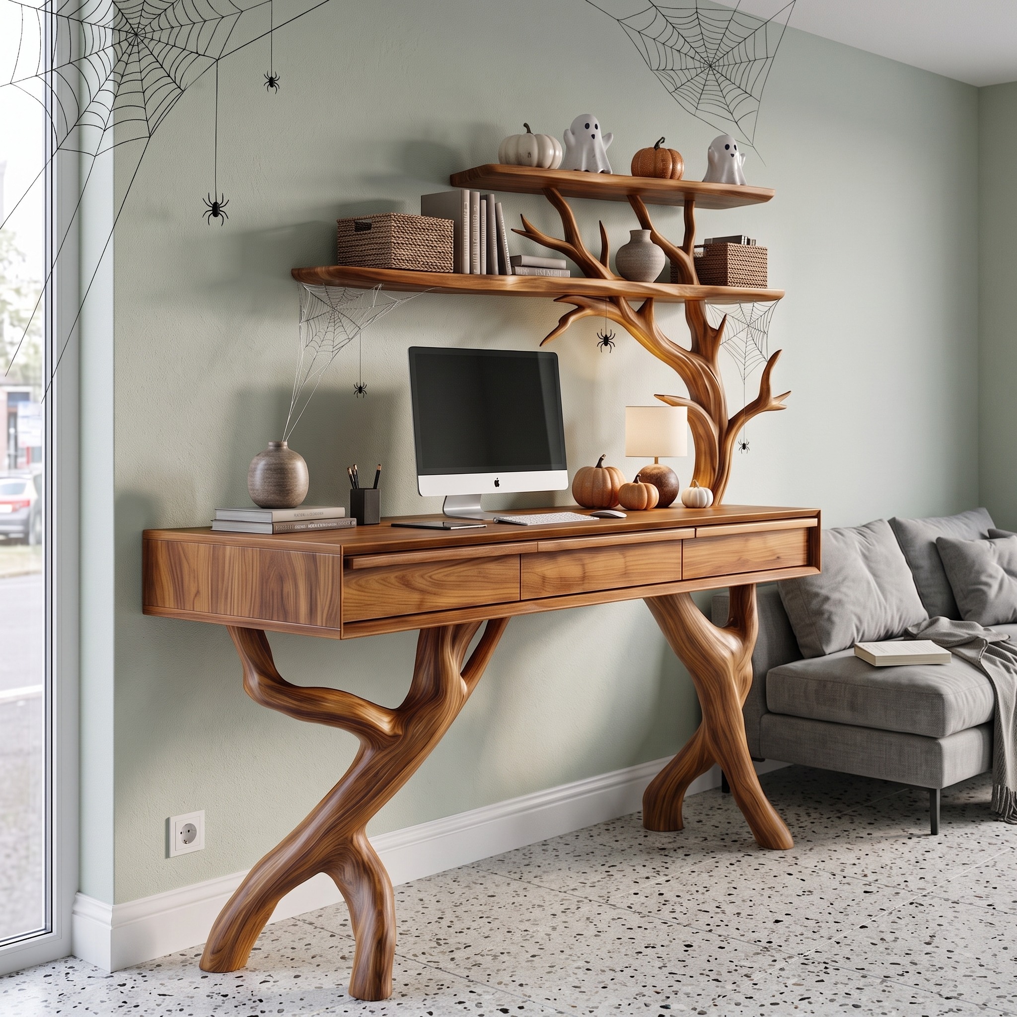 Rustic Tree Branch Desk with Halloween Spider Web Shelves for Home Office
