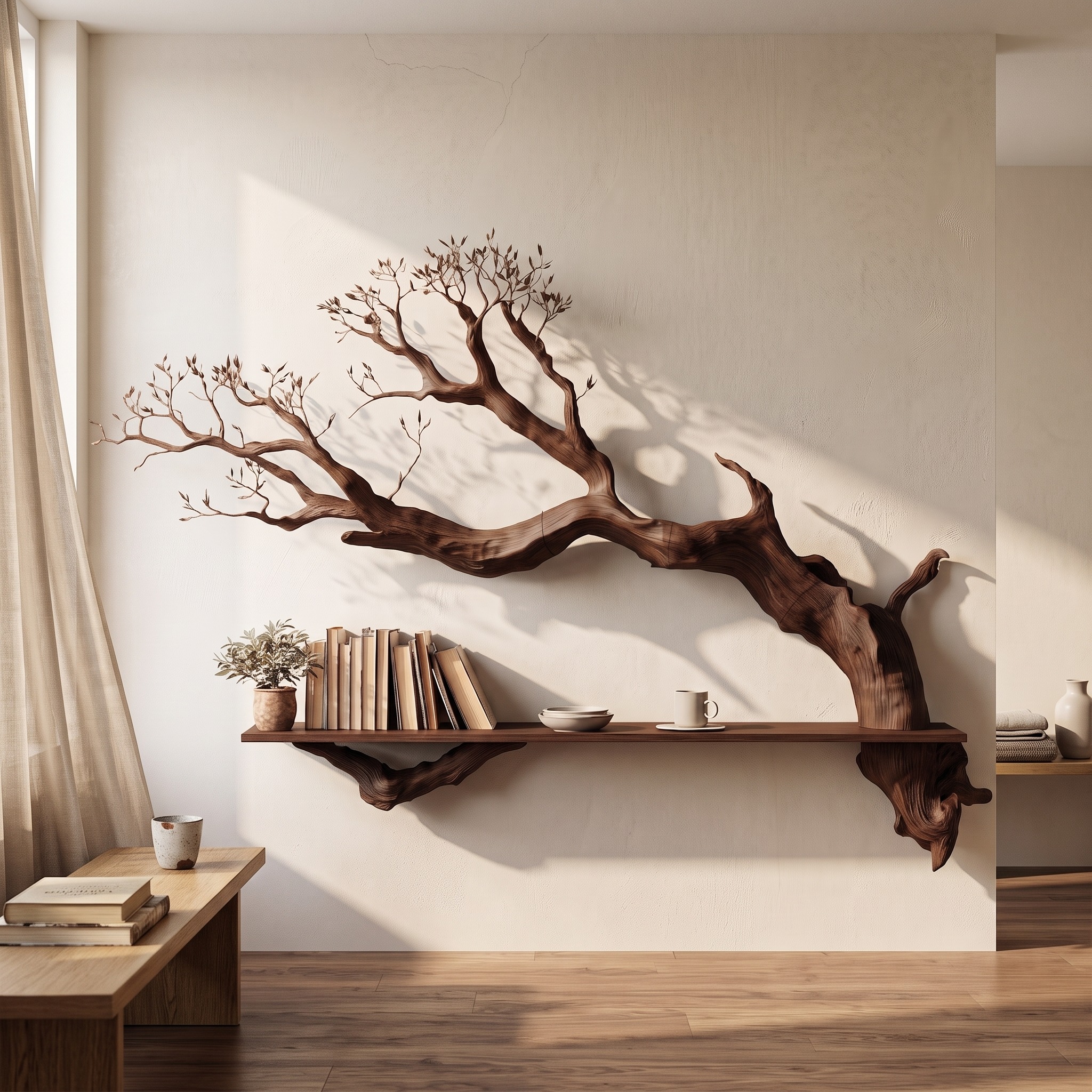 Rustic Tree Branch Floating Shelf Living Room Wall Decor
