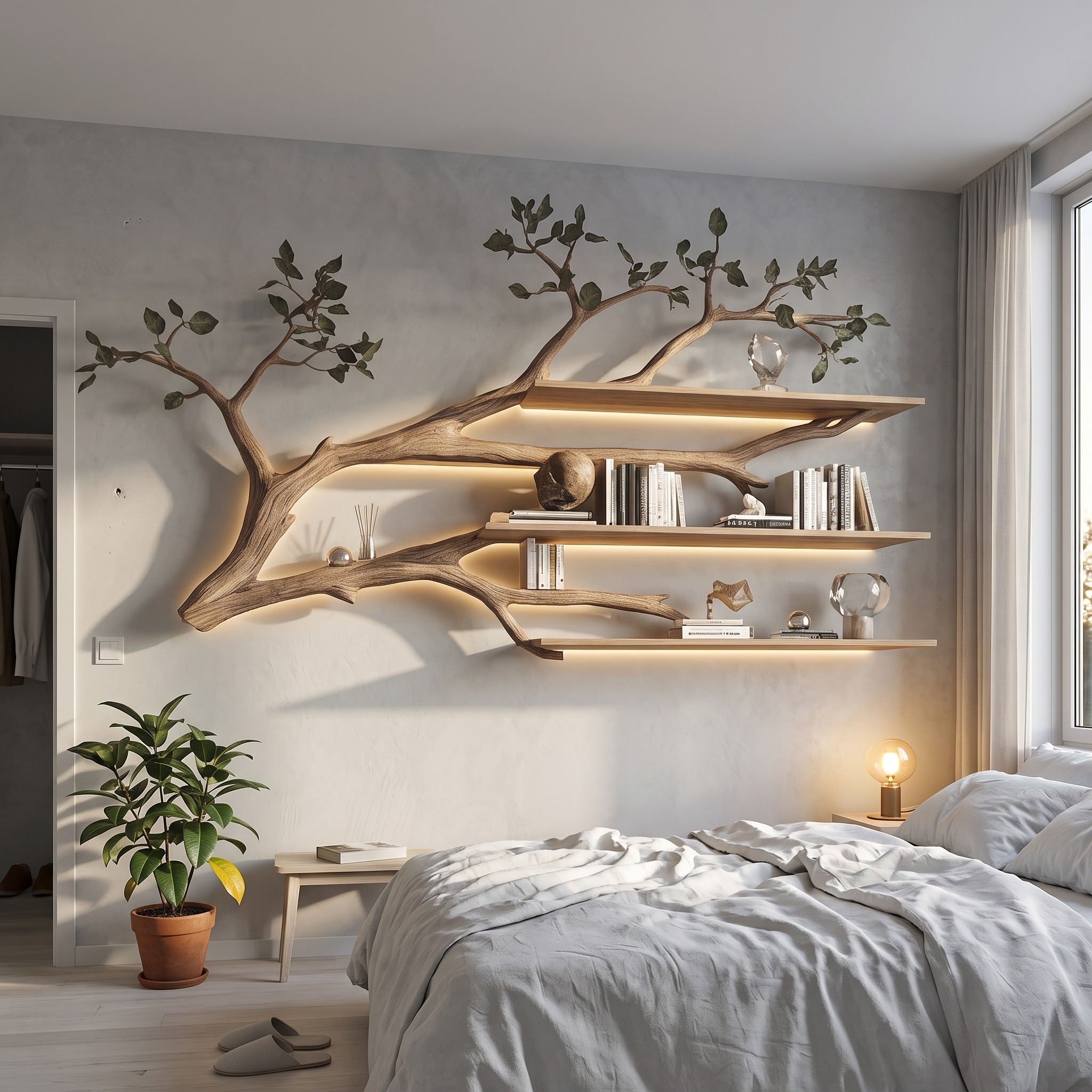 Rustic Tree Branch Floating Shelf Living Room