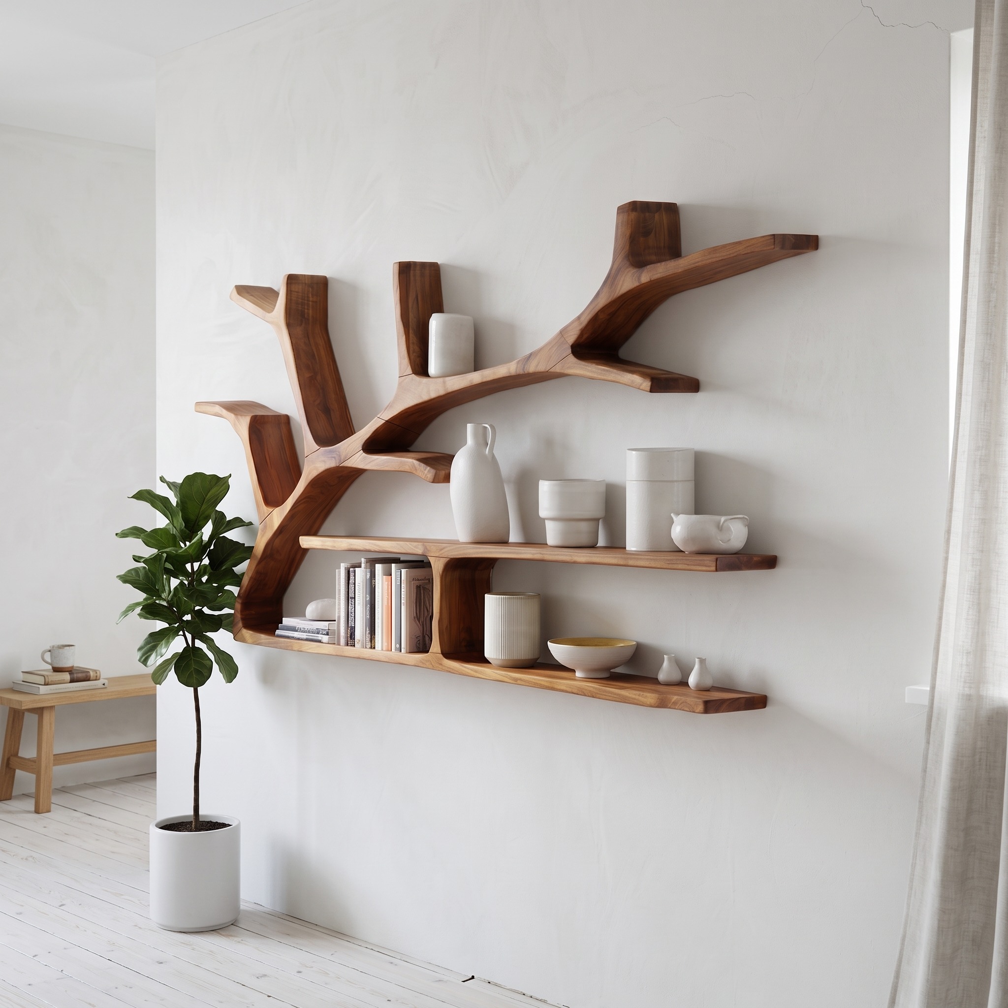 Rustic Tree Branch Floating Shelves for Living Room