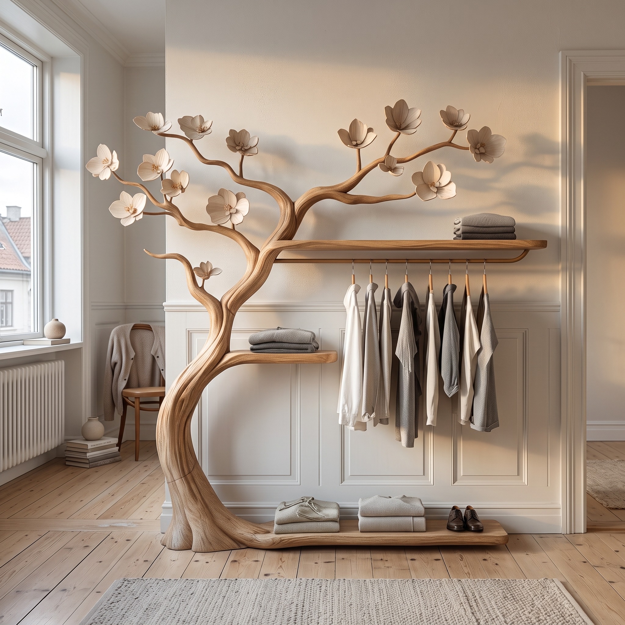 Rustic Tree Branch Rack Wall Mounted Floating Shelf Tree Hanger Clothes