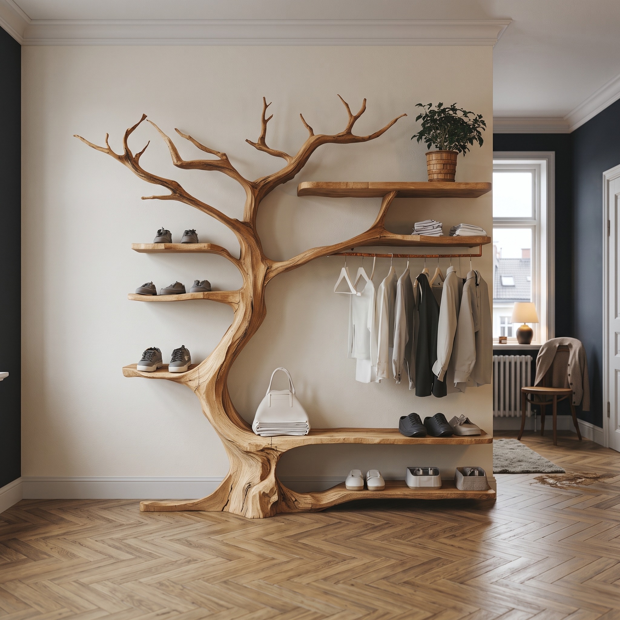 Rustic Tree Branch Standing Shoe Rack Coat Hanger Stand