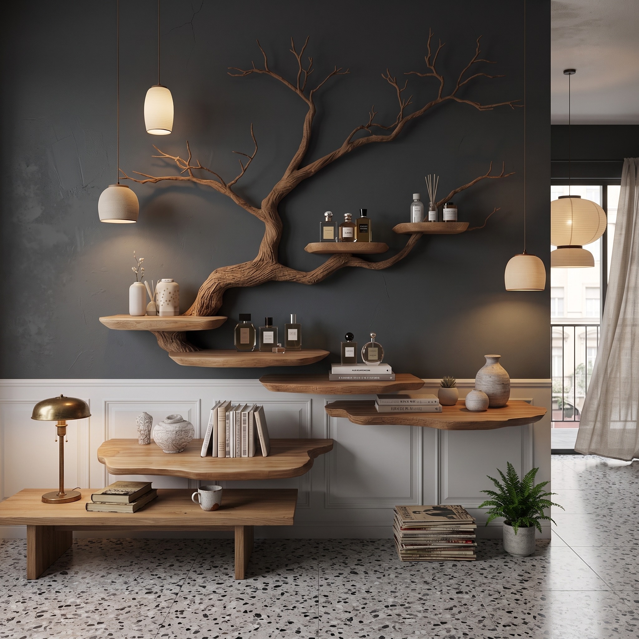 Rustic Tree Branch Wall Mounted Bookshelf for Living Room and Bedroom Space