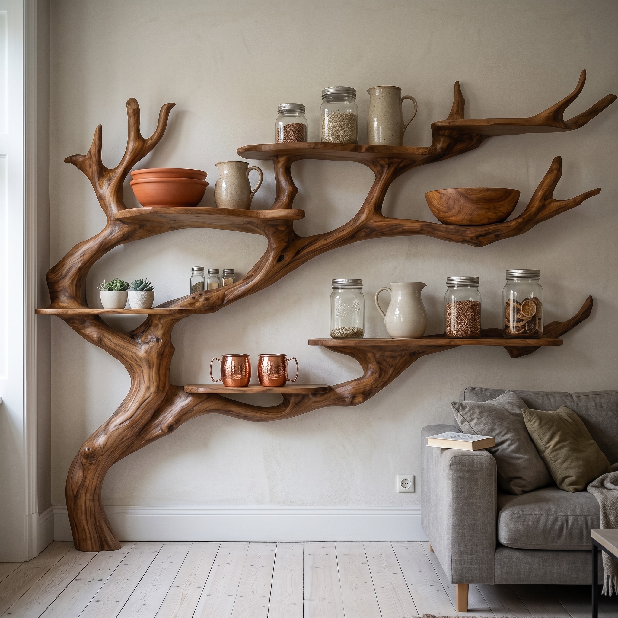 Rustic Tree Branch Wall Shelf Kitchen Storage Display Decor