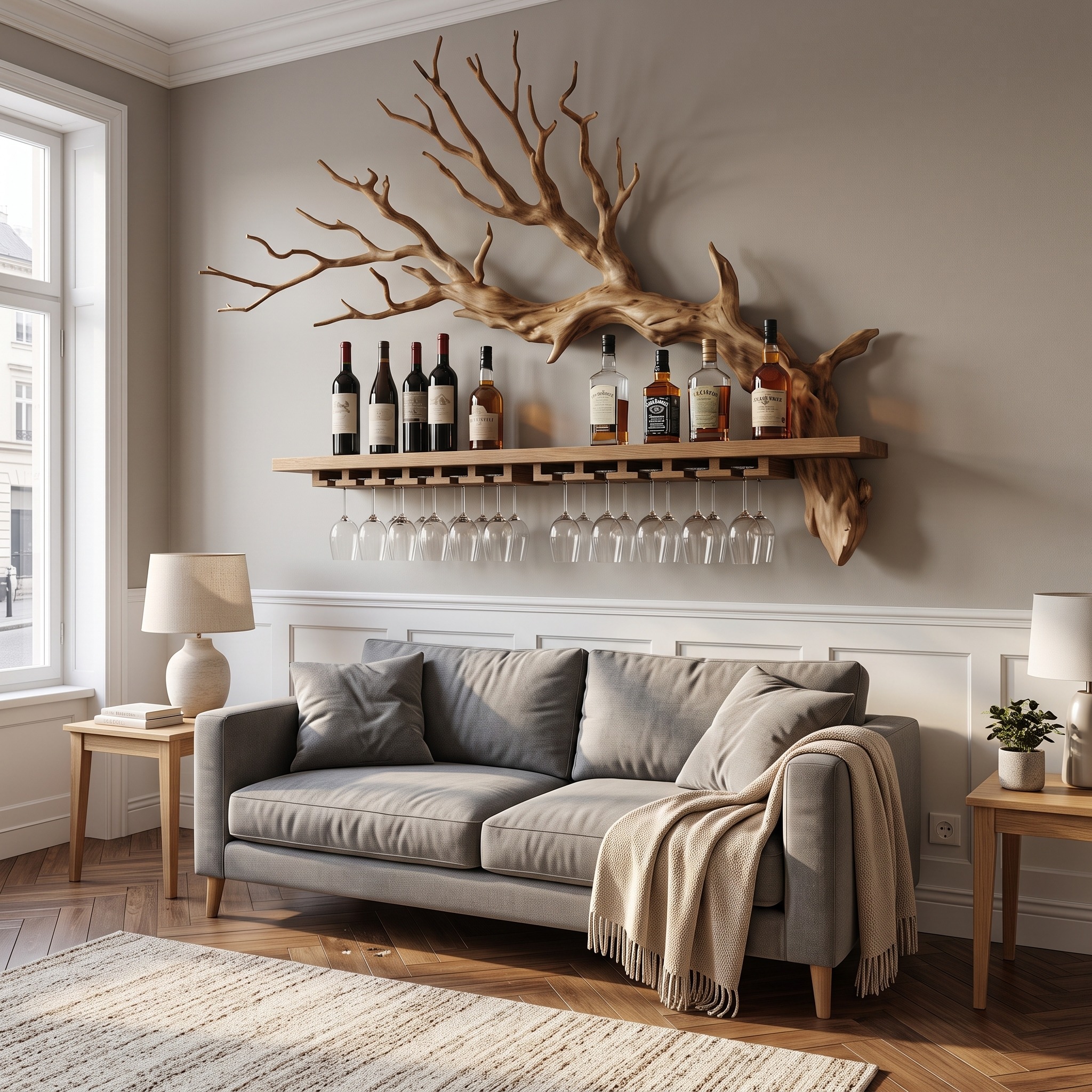 Rustic Tree Branch Wine Rack Living Room Wall Bar Decor