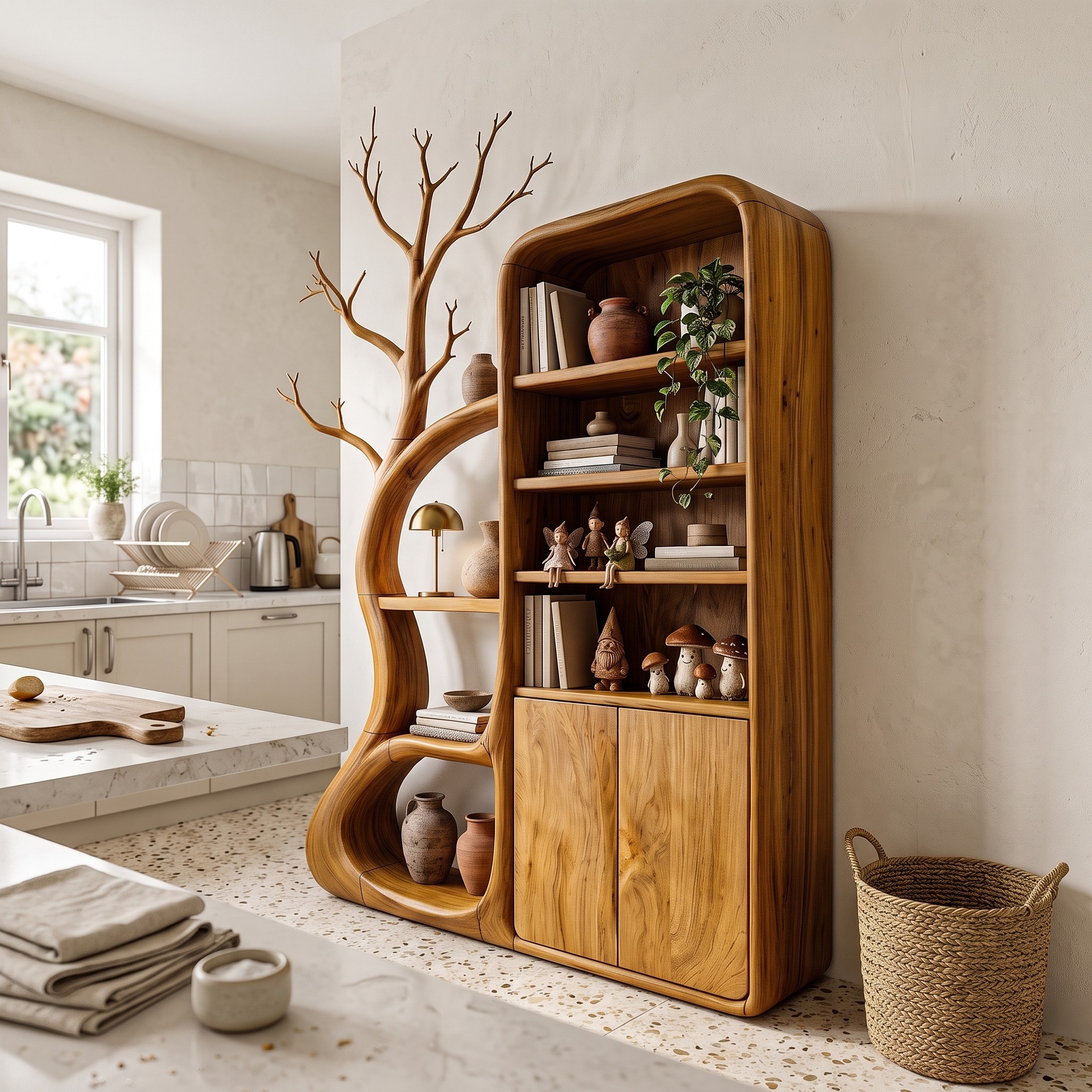 Rustic Tree Cabinet with Branch Inspired Shelving for Reading Room