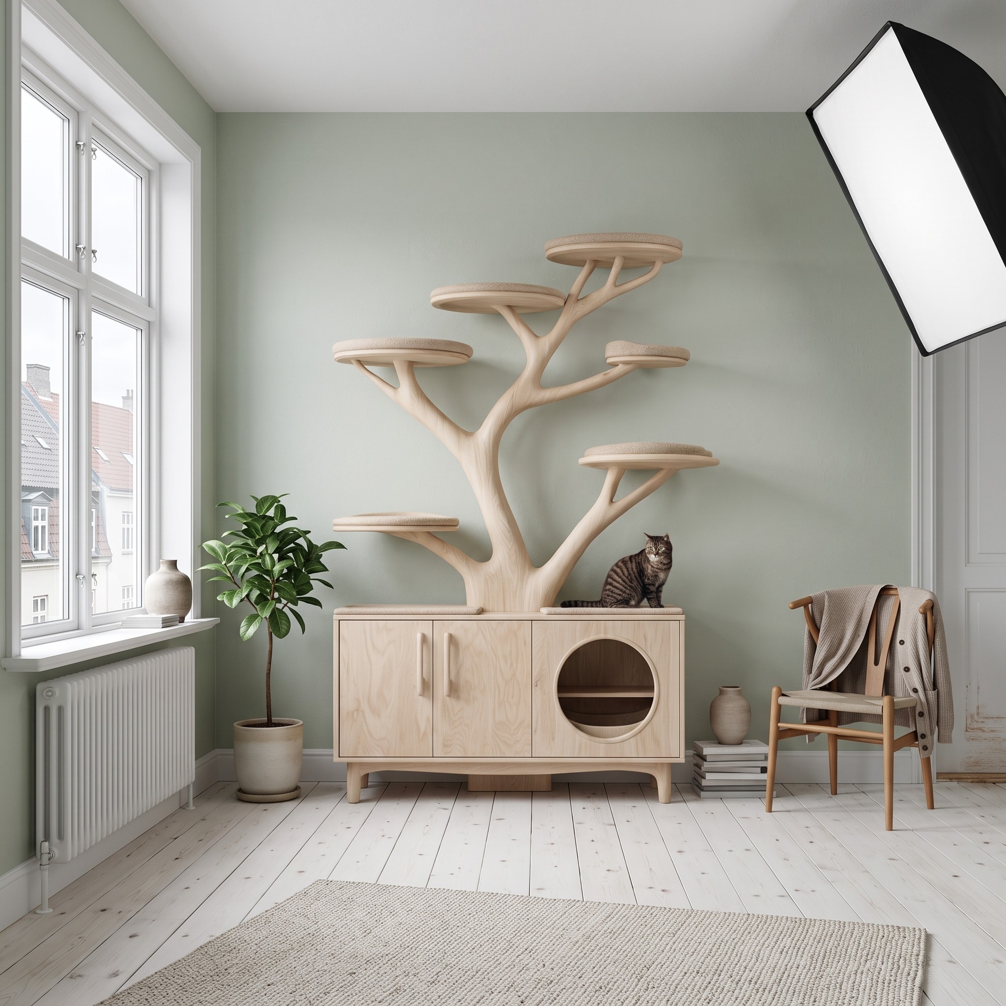 Rustic Tree Cat Tower Cabinet Living Room